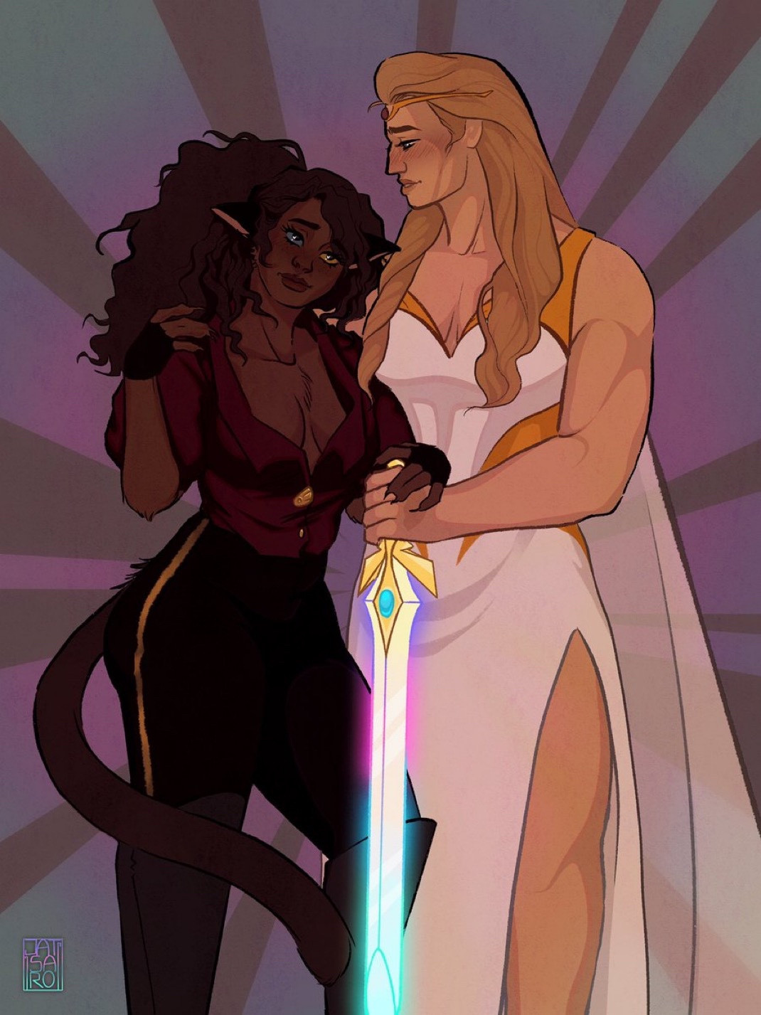 Digital illustration of Catradora (SPOP 2018) in their future vision outfits, holding She-Ra’s glowing sword in front of them. Catra wears a deep red blouse buttoned by a wing-shaped pin paired with dark pants and knee-length boots, her long hair up in a ponytail; Adora is wearing a regal white dress with golden accent pieces (“accidentally” gave it a slit for her leg teehee 🦵) and a white flowing cape, her hair long and worn down with a red-jeweled tiara on her head. They half-embrace each other, with a smitten Catra looking up affectionately at Adora and the latter returning the look very tenderly. In case you didn’t know, they’re so ridiculously in love 🥺♥️