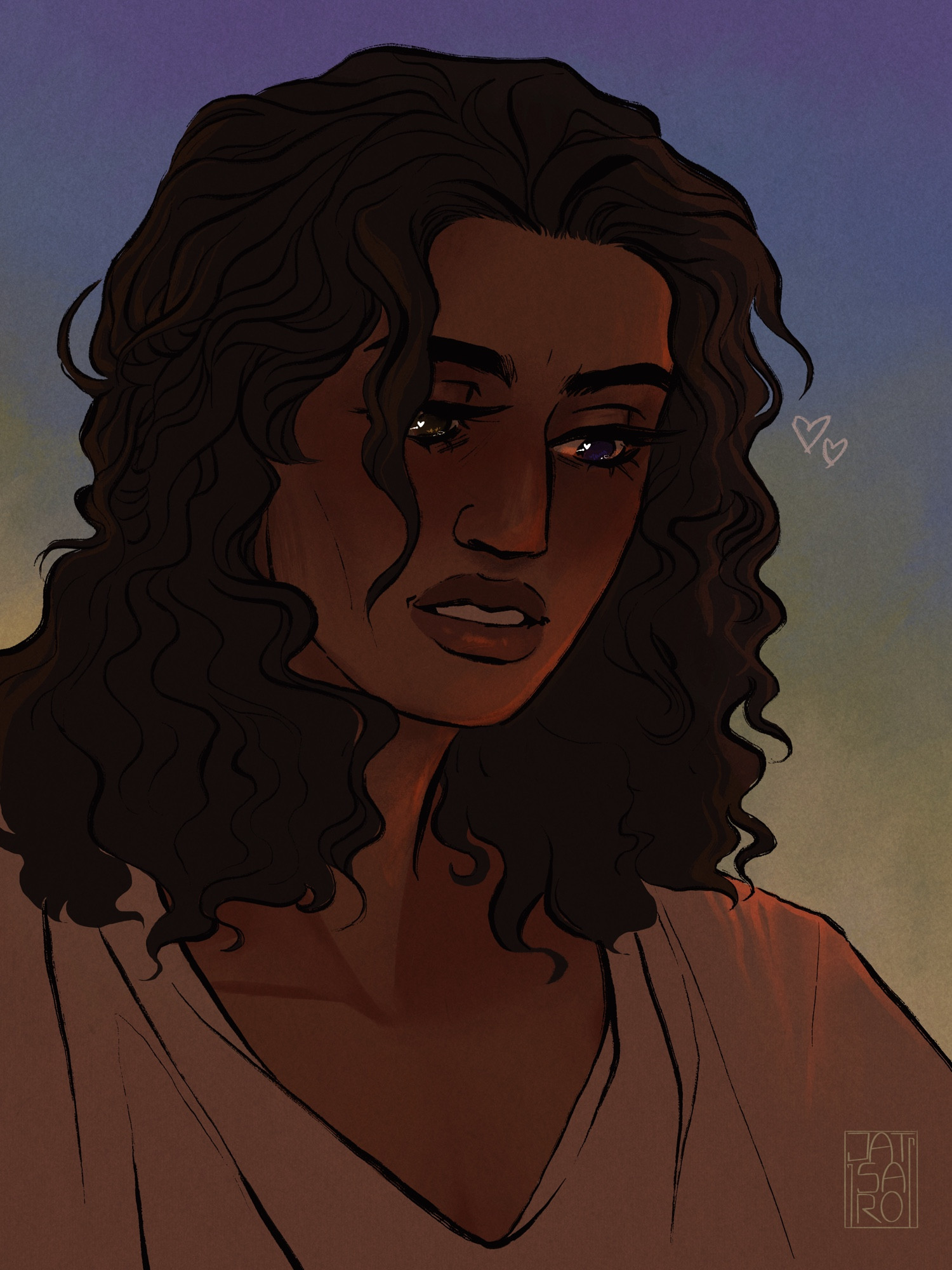 digital illustration of a Blorbo! Gnnaedir (he/him) again (you’ll very quickly learn he’s my favorite /j). he’s looking warmly at something or someone offscreen, a very soft smile on his face. his wavy hair’s shoulder-length and he wears a loose beige-ish shirt. the background is a warm gradient, like a sunrise, and some early light’s lighting him from his left side. he looks so unbelievably babygirl here i want to preserve him in resin with pretty dried flowers and prop him up on my favorite shelf safe from the elements and dust,,,