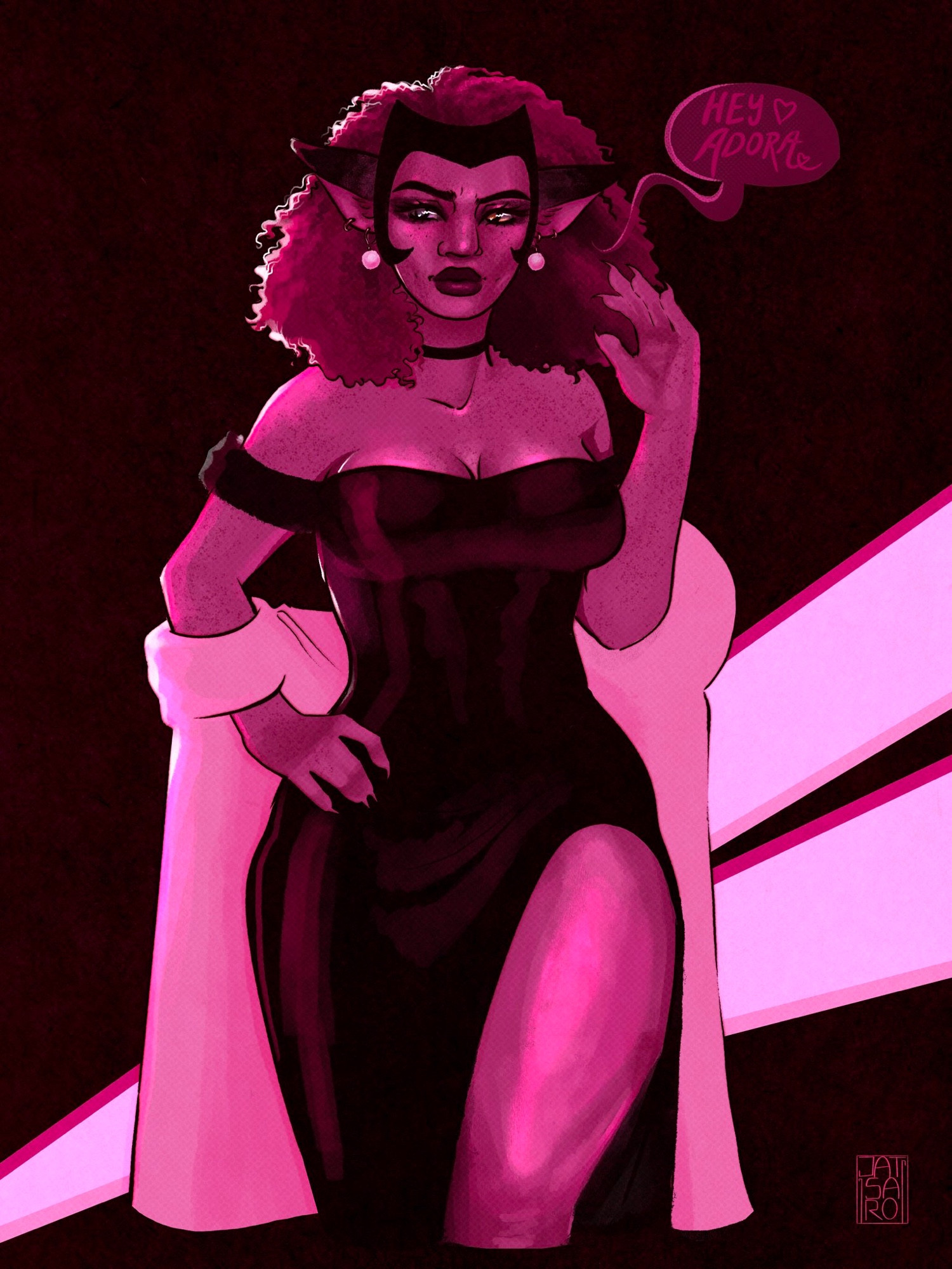 Femme Fatale Catra based off Glimmer’s,,, “strategizing”,,, sequence (🫵🤨🏳️‍🌈⁉️) in S2E4 “Roll With It”! She’s dressed in a form-fitting lil black dress with a lil slit on the legs (oh my lord 🫣) and a presumably luxurious fur coat draping off her forearms. The illustration is in a monochrome pink after the original scene.