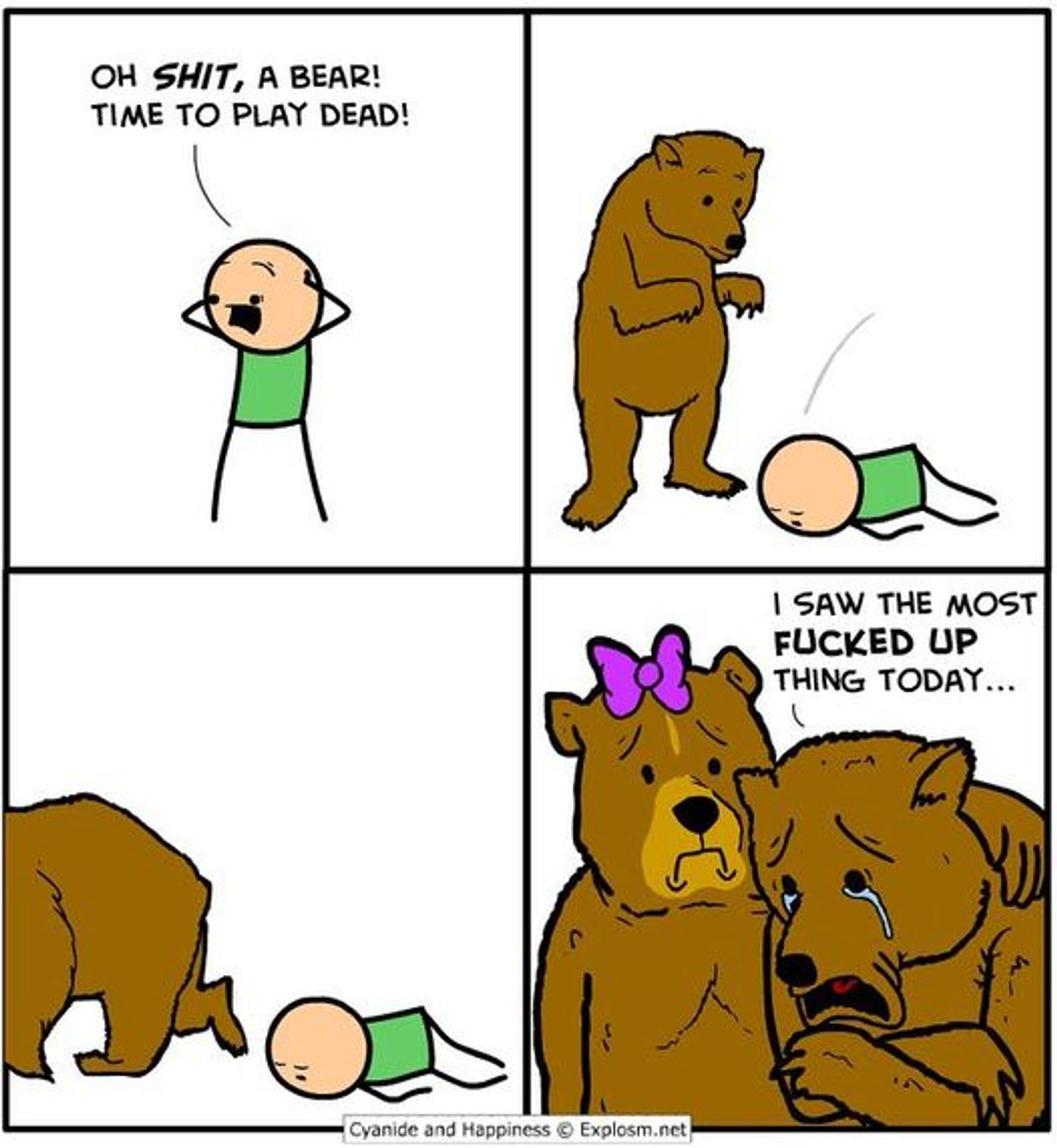 4-panel comic.
1: A person: Oh shit, a bear! Time to play dead!
2: The bear looks at the man on the ground
3: The bear leaves
4: The bear is home, crying, being comforted by his wife. 'I saw the most fucked up thing today...'