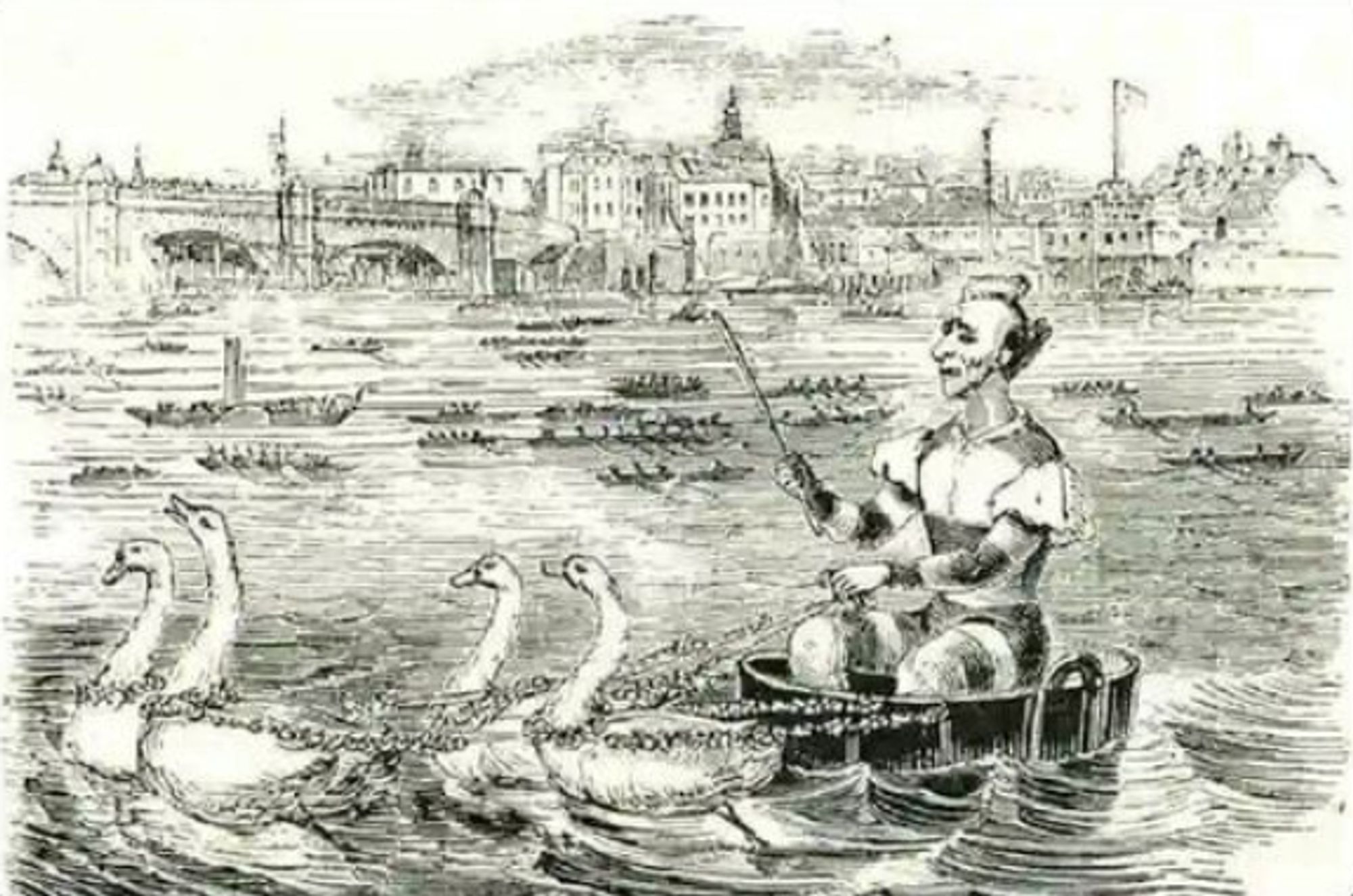 black and white illustration if a clown in a little round bathtub being pulled along a river by some geese.