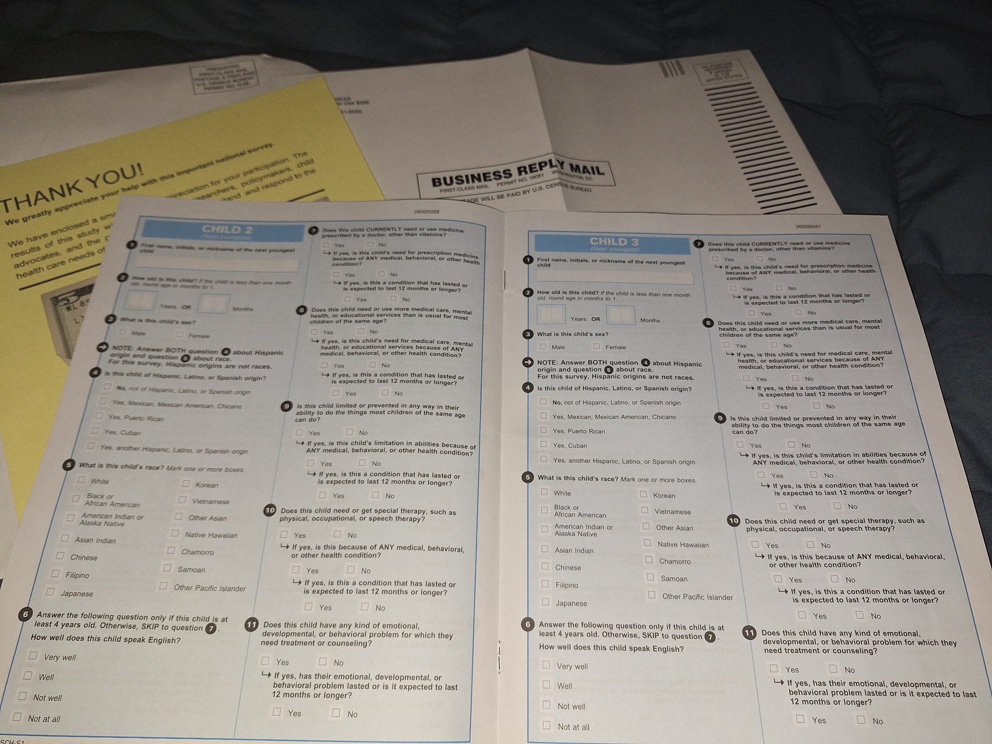 Inside survey questions about potential children living at current residency. Page for each possible child. Questions include race breakdown, do they need meds, special help, do they have other problems...? (First page asks if you rent or own where you live and what language is spoken at home.)

Because that's not gonna get used against anyone by this admin. /s 🙄🤢