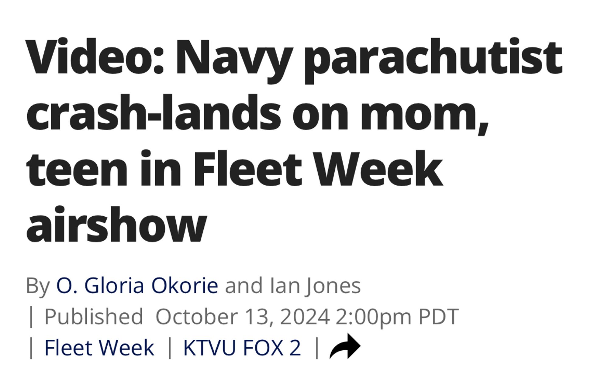 Video: Navy parachutist crash-lands on mom, teen in Fleet Week airshow
By O. Gloria Okorie and lan Jones I Published October 13, 2024 2:00pm PDT
| Fleet Week | KTVU FOX 2 | A