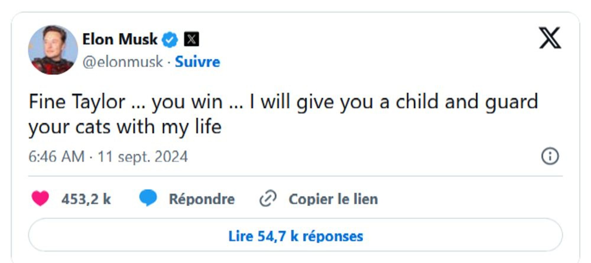 Musk qui dit à Taylor swift qu'il va lui donner un bébé et défendre son chat jusqu'à la mort.