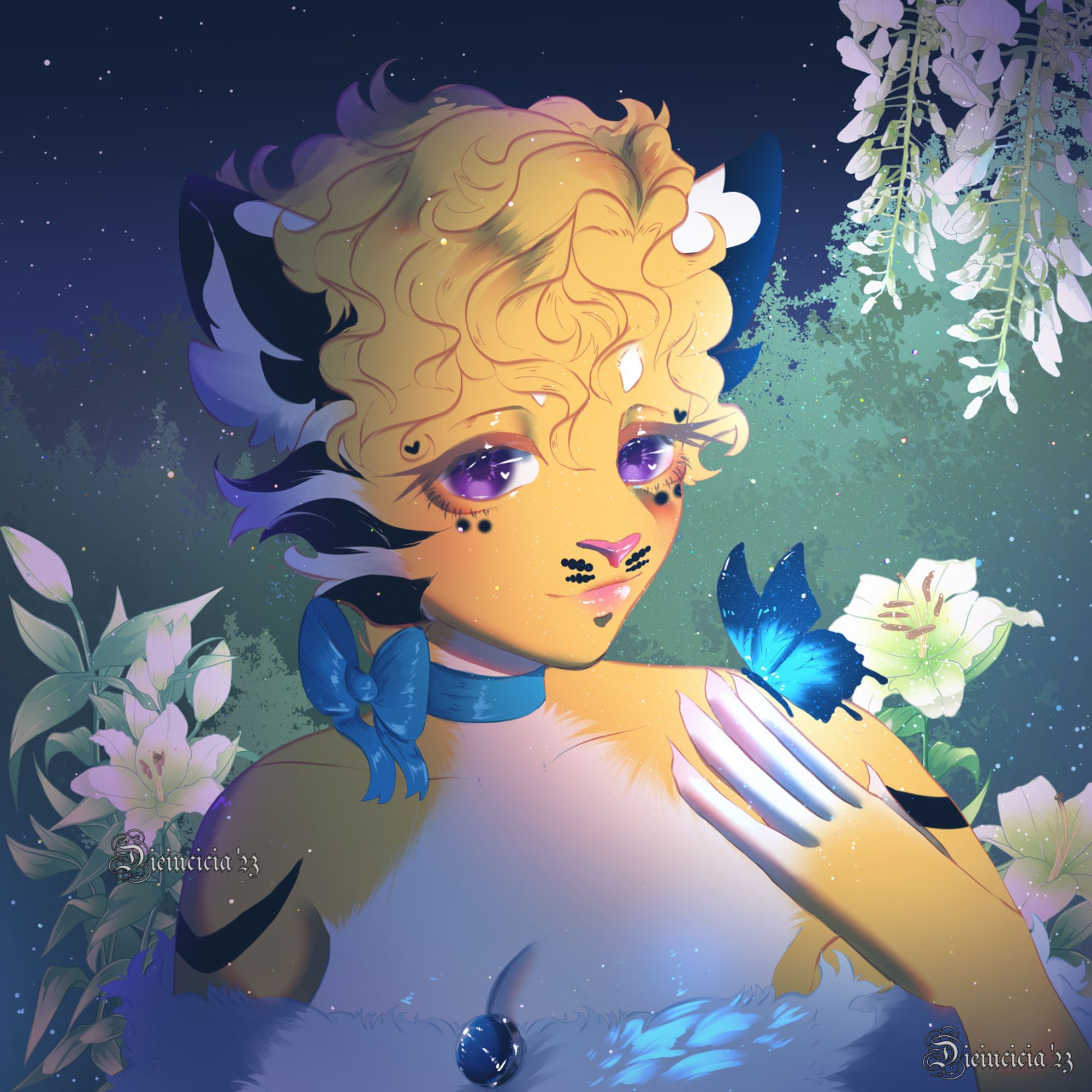 My fursona Queen Bee, with a beautiful blue bow around her neck, her fluffy blue dress on, and a gorgeous blue buttery fly on her hand. At night in a garden of white lilies. 

#furryfandom #furryart #furry #fursona #tigerfursona