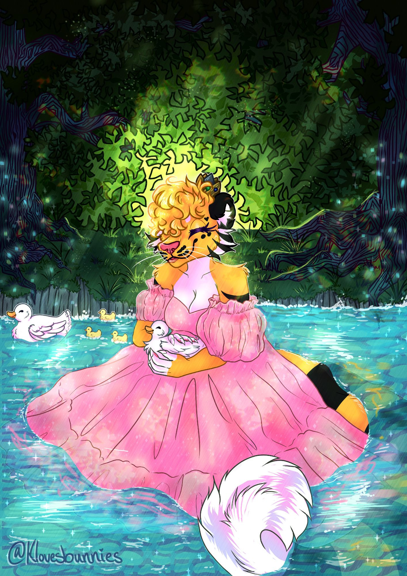 Art of my Bee coloured Tiger Fursona Queen Bee holding a white duck. 

#furryart #furry #furryfandom #princessfur #princess #art #anthroart #ducks #forest #fantasy #fantasyartist #fantasywriter #klovesbunnies #klovesbunniesart