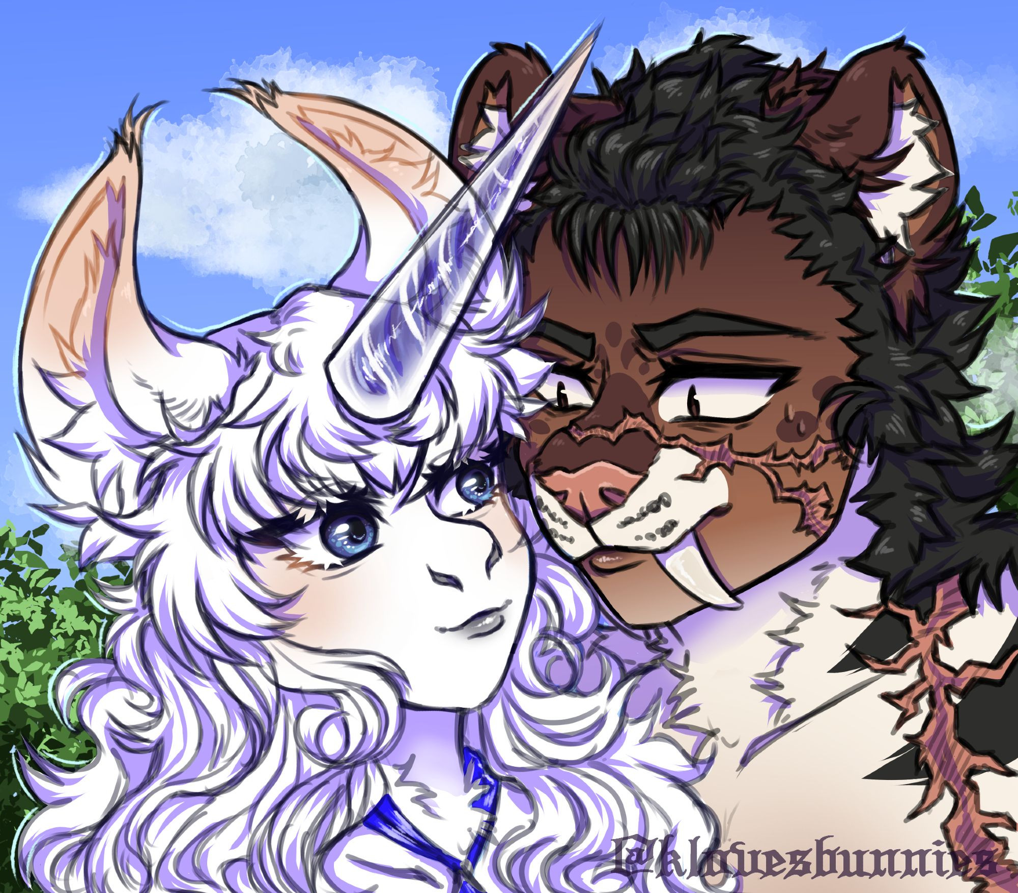 Art of my brown sabertooth tiger, Guts (berserk) inspired OC, Kane, with my partners Dieiudicia's white licorne, Griffith (berserk) inspired OC, Aetheo. 

#furryart #furry #furryfandom #princefur #prince #art #anthroart #berserk #fantasy #fantasyartist #fantasywriter #klovesbunnies #klovesbunniesart #dieiudicia