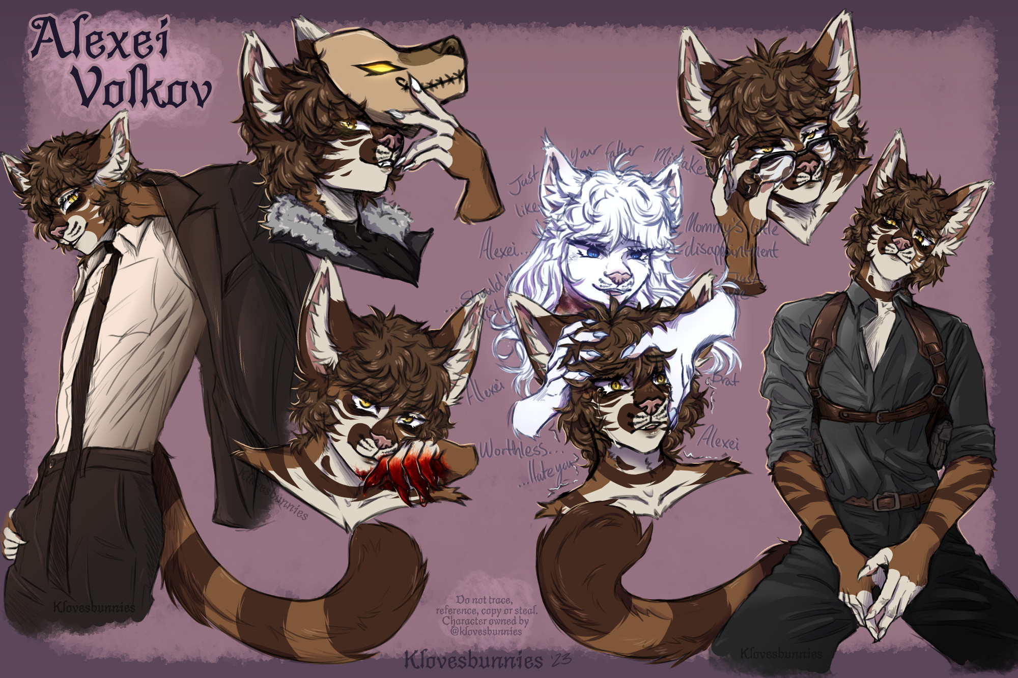 Sketch page art of my detective/murderer brown cat OC Alexei Volkov.

#furryart #furry #furryfandom #art #anthroart #fantasy #fantasyartist #fantasywriter #sketch #klovesbunnies #klovesbunniesart