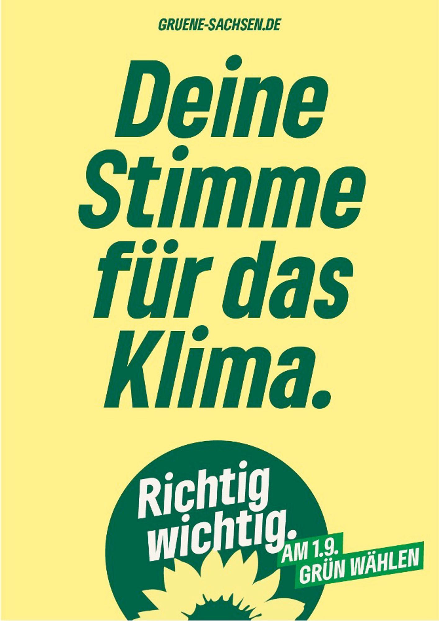 Wahlplakat von den Grünen in Sachsen zu Landtagswahl.
Text: "Deine Stimme für das Klima"