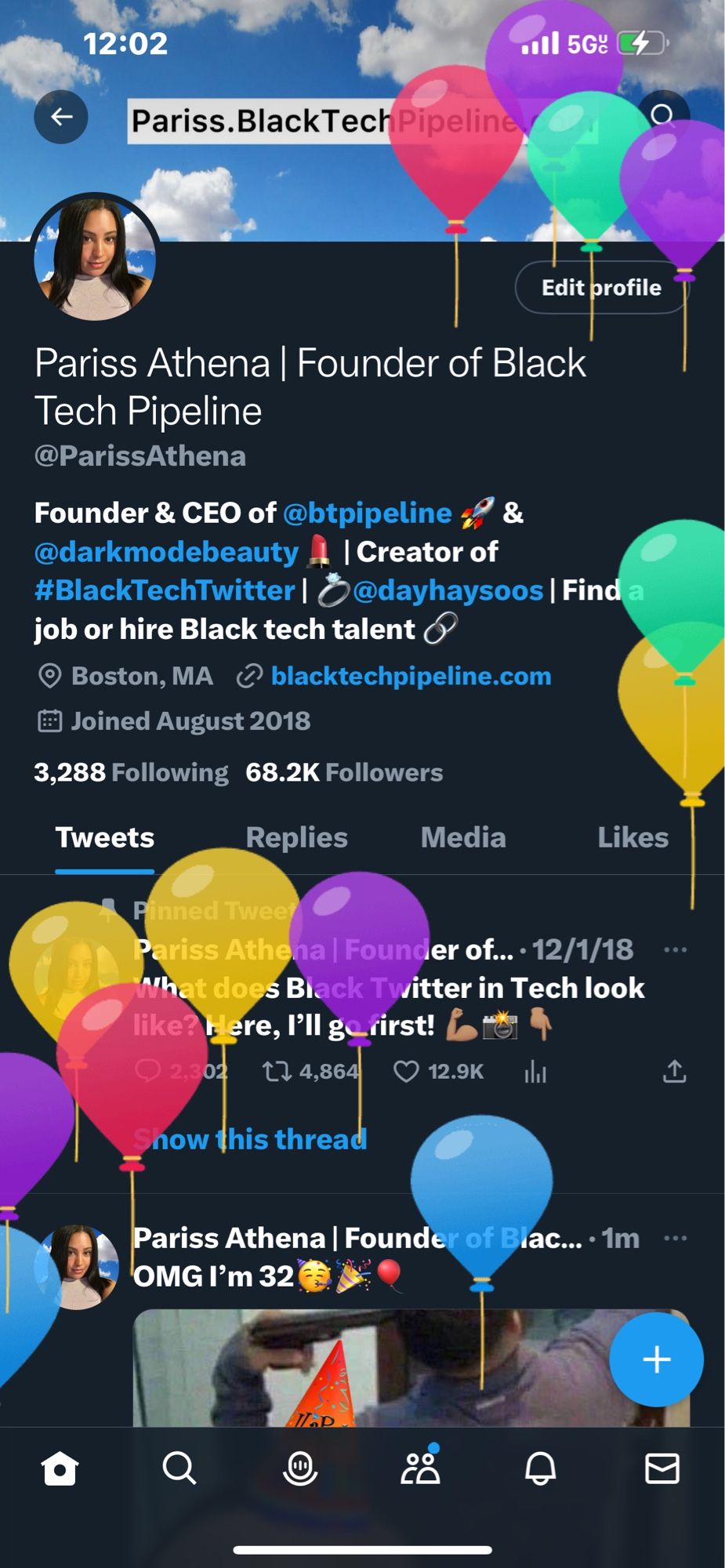 Screenshot of Twitter profile with birthday balloons on June 8th