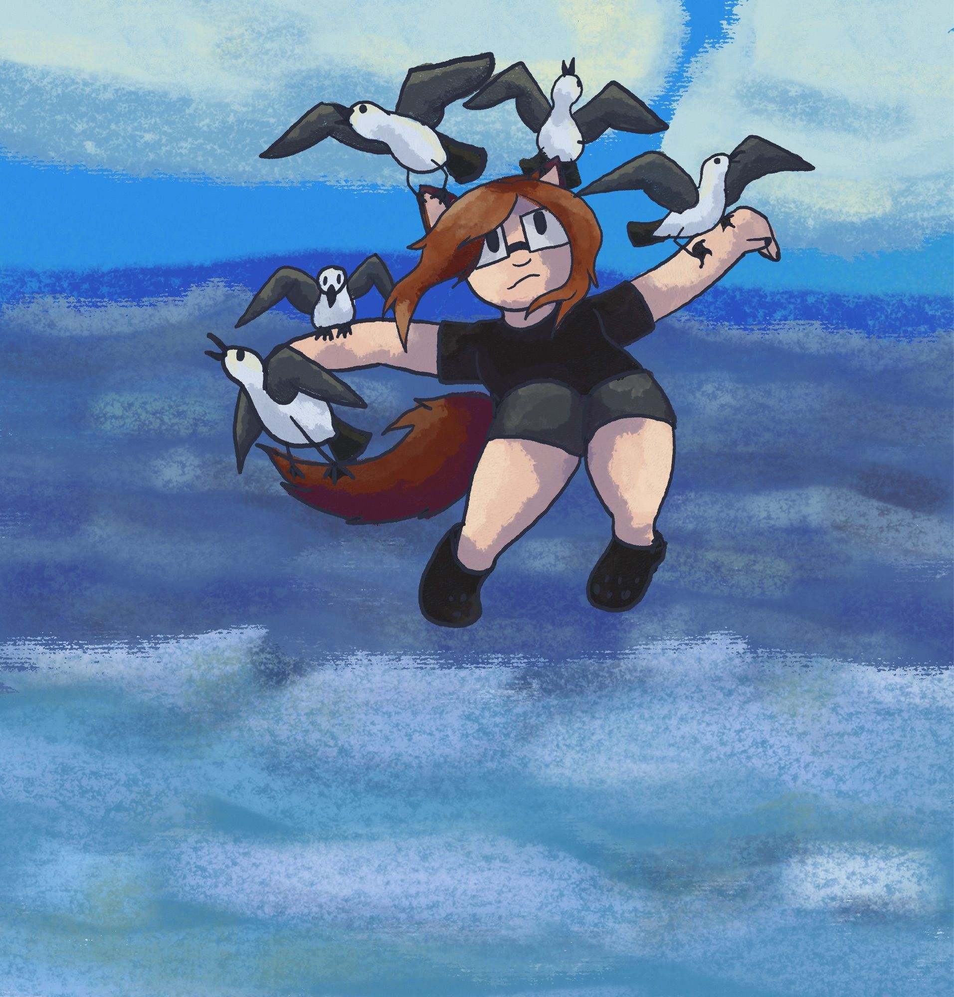 The artist's persona being carried away over the sea by a quintet of laughing gulls. Drawn in Procreate for ipad.