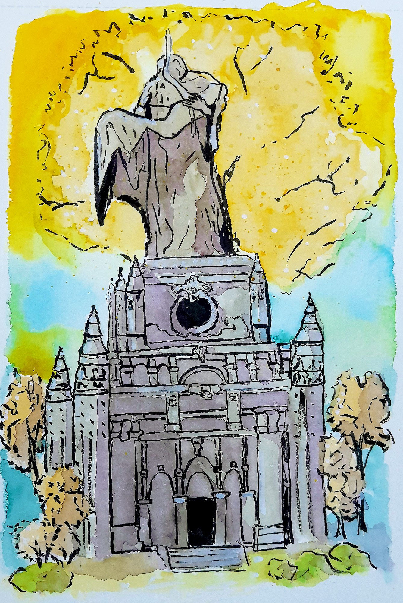 ink and watercolor sketch of fringefolk hero's grave location in limgrave from elden ring