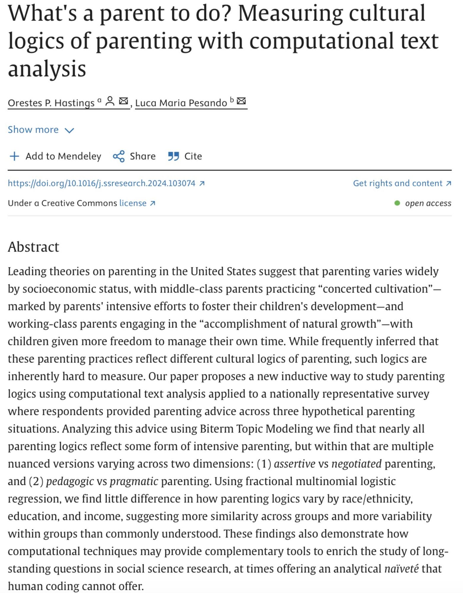 Abstract of "What's a parent to do? Measuring cultural logics of parenting with computational text analysis"