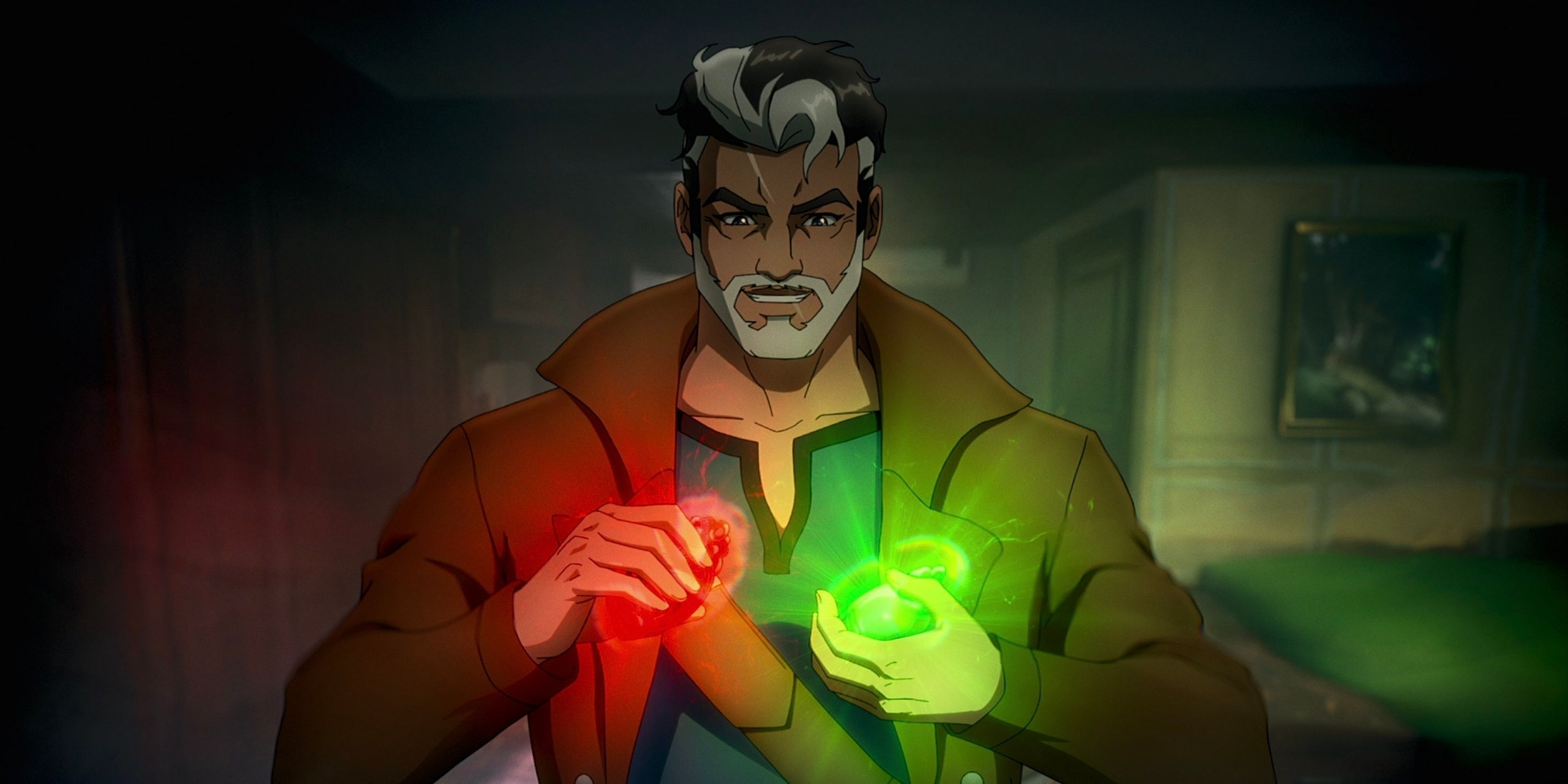 A screenshot from the Tomb Raider animated series of the character Charles Devereaux. He has a silver beard and silver streaks in darker grey hair, and is holding two glowing stones bathing him in red and green light