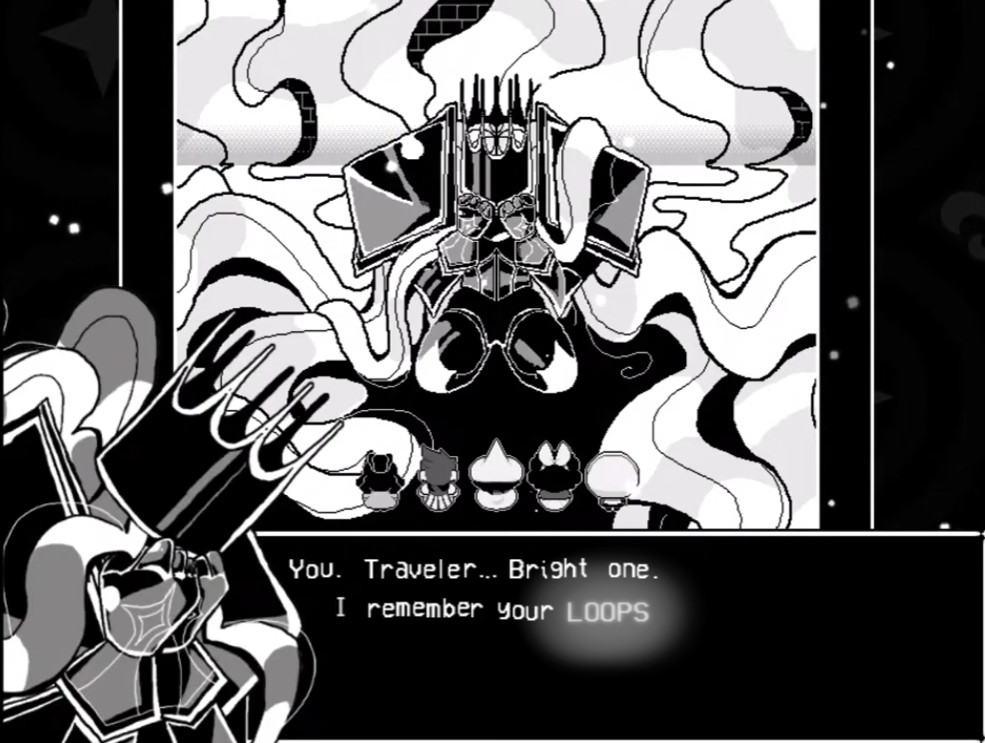 A screenshot from before the kings fight from in stars and time ( great game go play it Do it! Do it!! ) edited to say "You. Traveler... Bright one. I remember your LOOPS" with LOOPS glowing bright