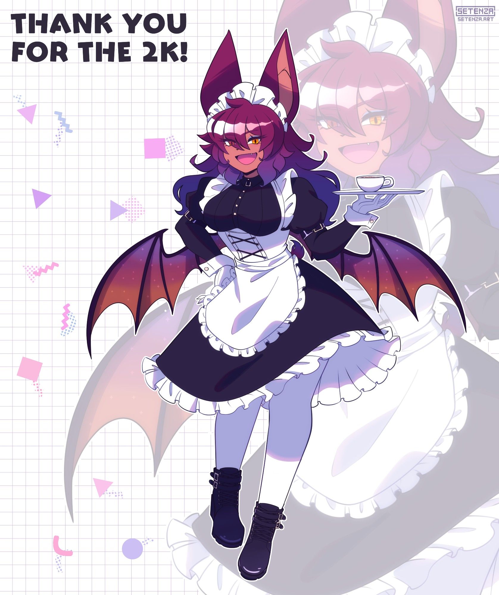 My oc, Karin, a furred kemono bat-girl, holding a tray with coffee while wearing a black and white maid dress and buckled boots. Her wings are a gradient blue to orange with stars across them.