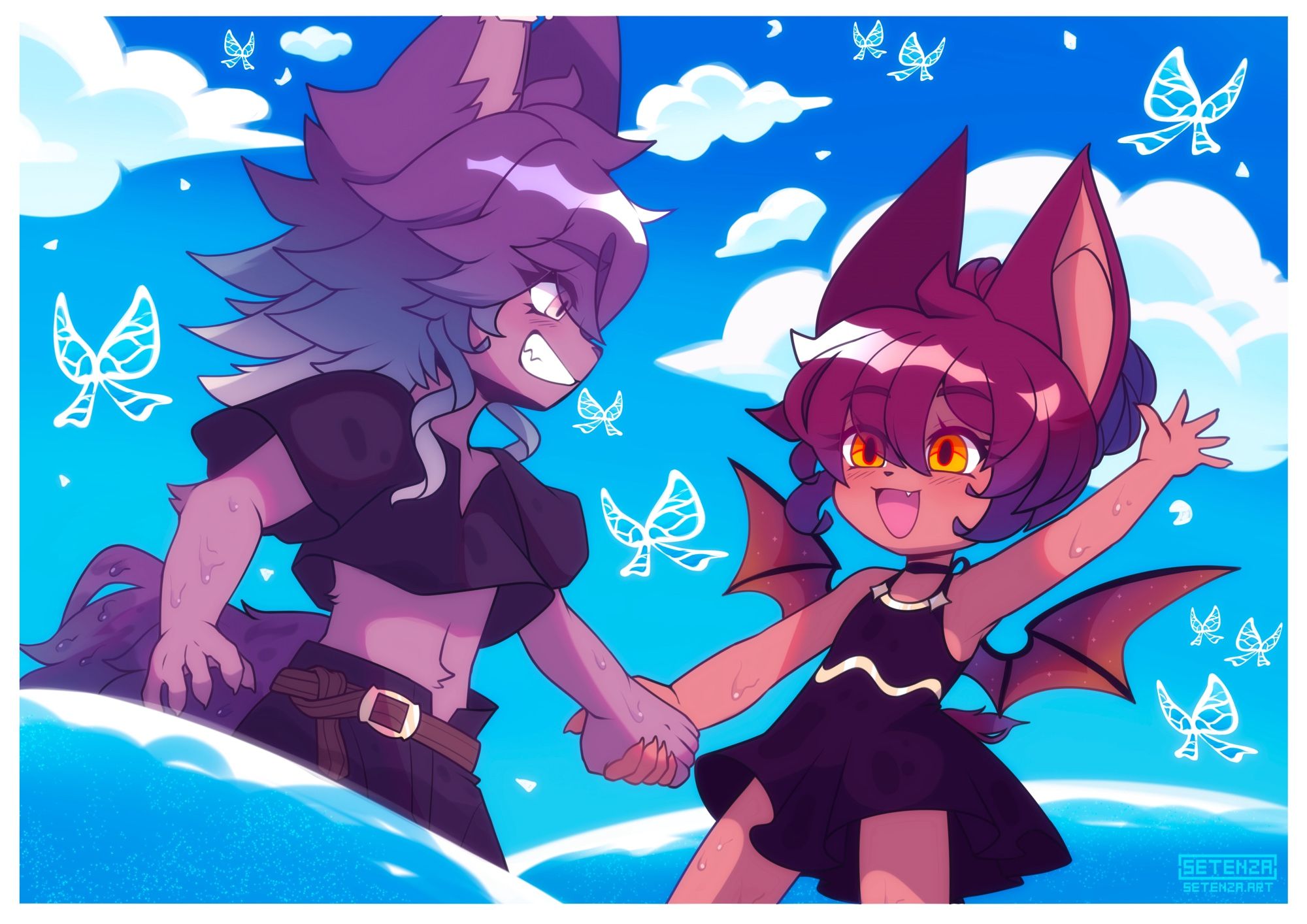 Erem, a purple, wolf-like kemono boy holding the hand of his sister, Karin, a bat-like kemono girl as they splash in the water! Around them, butterflies with the water's reflection are fluttering around them. They both look happy and having fun!