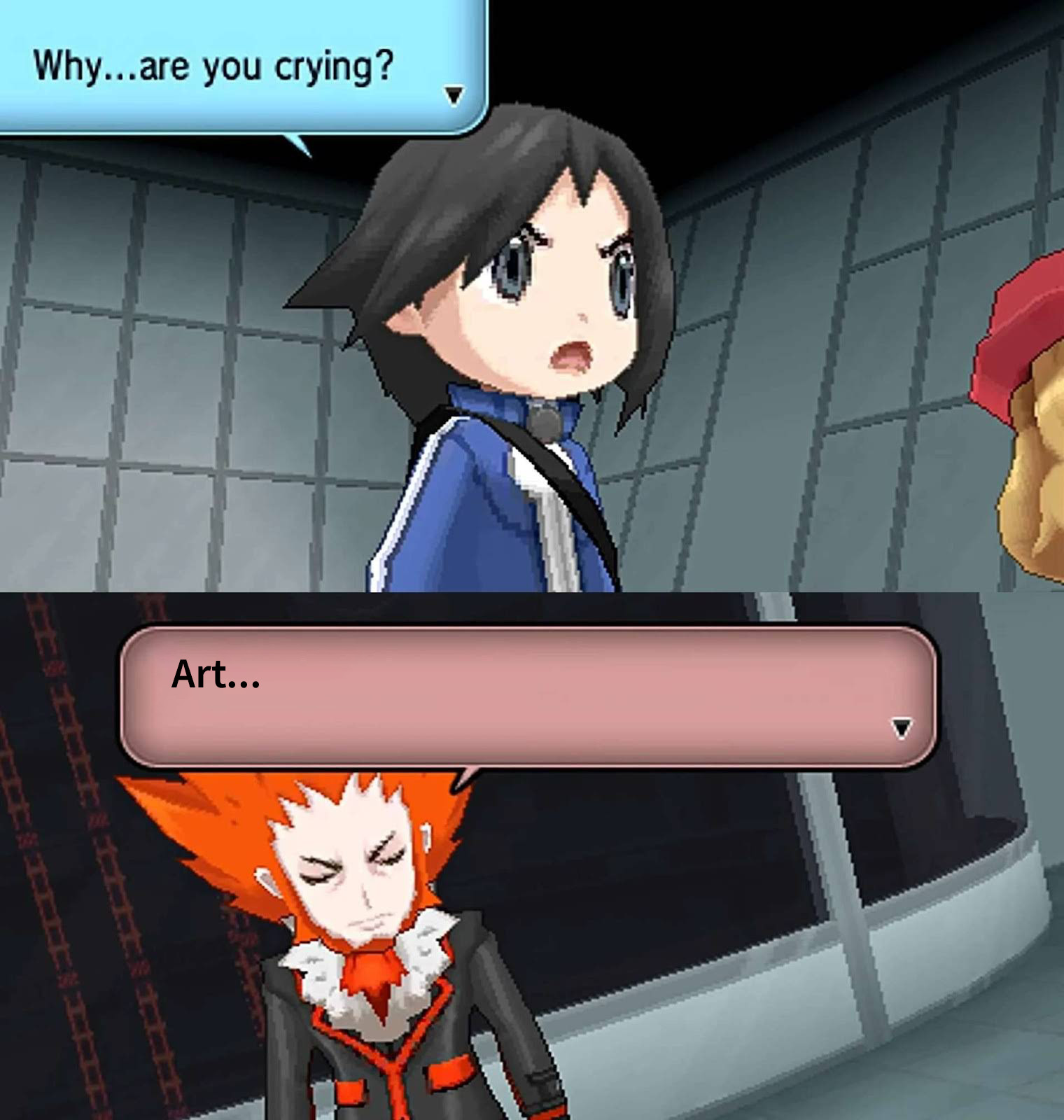 Calem from Pokemon XY asking Lysandre "Why...are you crying?" but the image is edited with him saying "Art..."