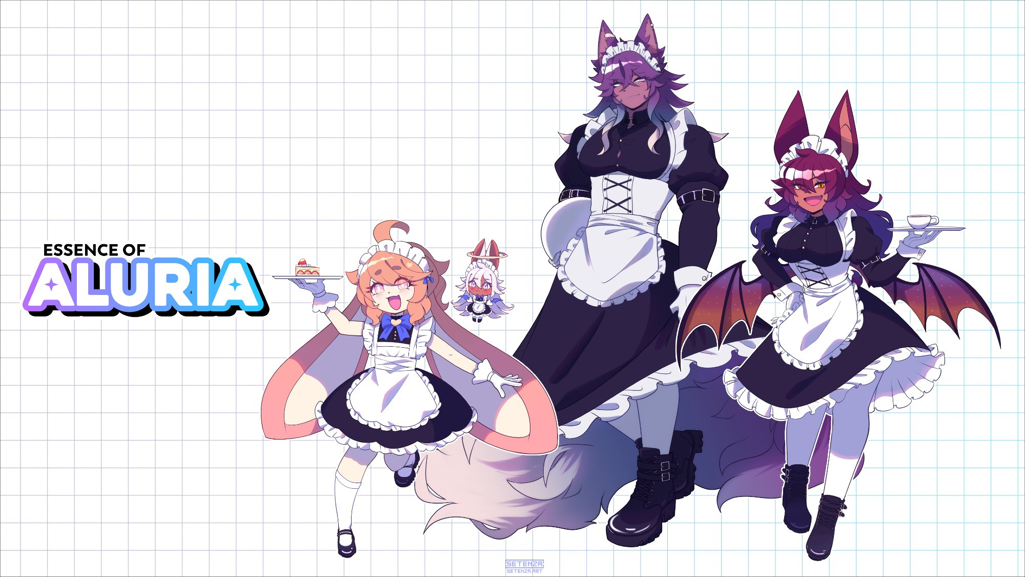 All three of my ocs, Nadya, Erem and Karin all standing in their maid outfits while on the left it says Essence of Aluria.