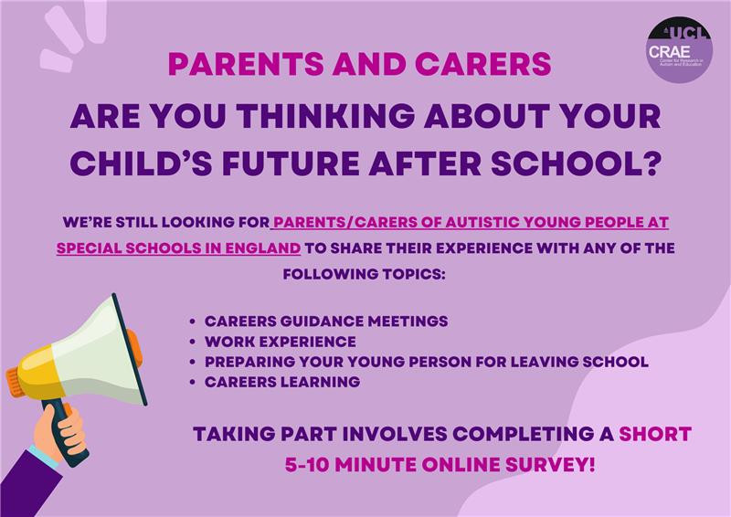 A purple background with large text that says, "Are you thinking about your child's future after school." It invites parents/carers of autistic young people at special schools in England to share their thoughts on topics like careers guidance, work experience, and preparing for leaving school. Participation involves a short 5-10 minute online survey. A hand holding a megaphone is on the left, and the UCL CRAE logo is in the top right.