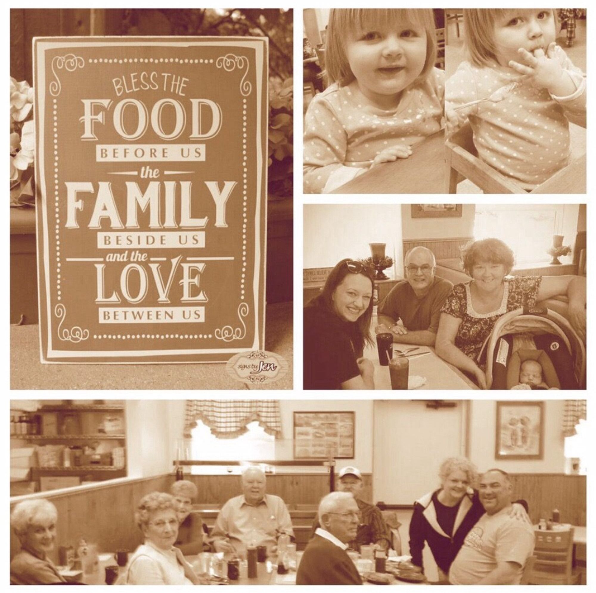 An assortment of customer photos in sepia tone with the caption: BLESS THE FOOD BEFORE US THE FAMILY BESIDE US AND THE LOVE BETWEEN US