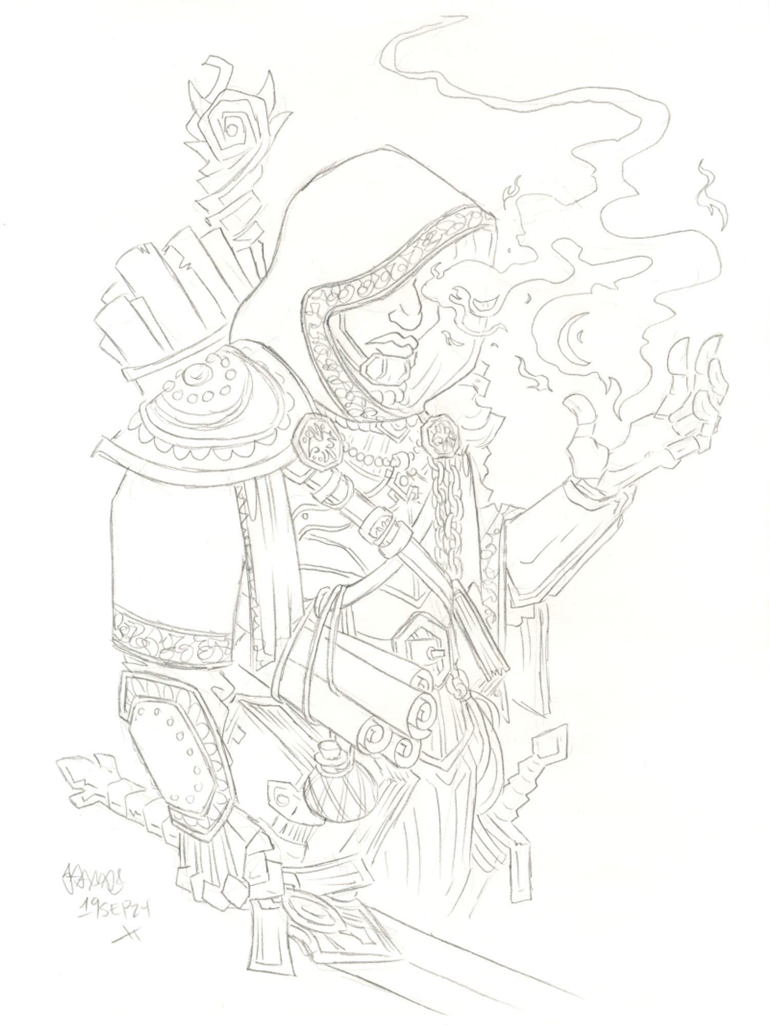 A graphite sketch of the Sorcery: Contested Realm character, the Battlemage, who is holding a sword in one hand and conjuring magical fire with the other one.