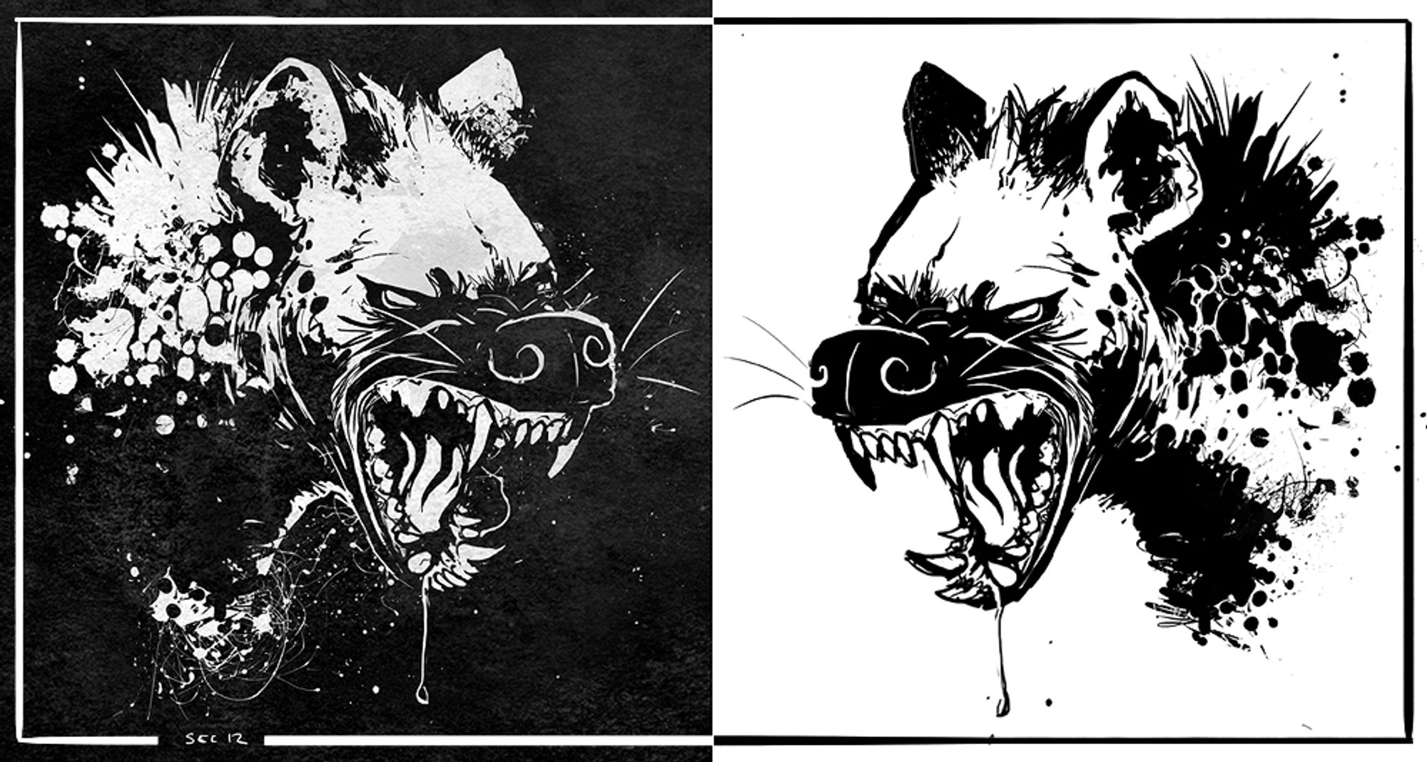 A bw illustration of mirrored hyenas, one on a black background, one on white