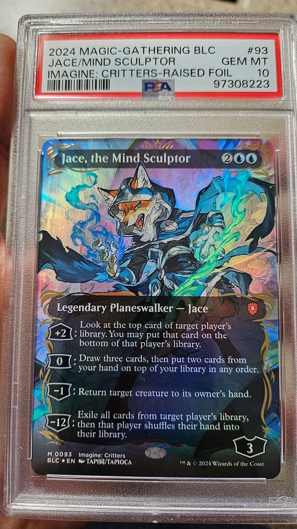 Jace, the Mind Sculptor raised foil Bloomburrow anime art Magic the Gathering card, contained in a plastic slab with a PSA Grade of 10 (Gem Mint)