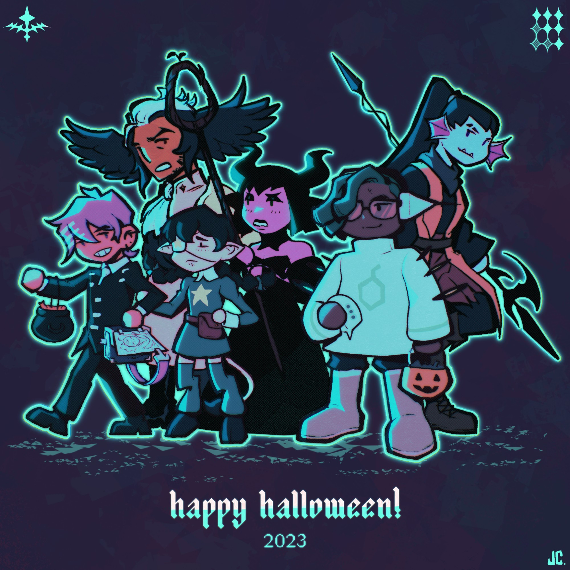 a drawing of my OCs in their halloween costumes with the caption saying "happy halloween! 2023"