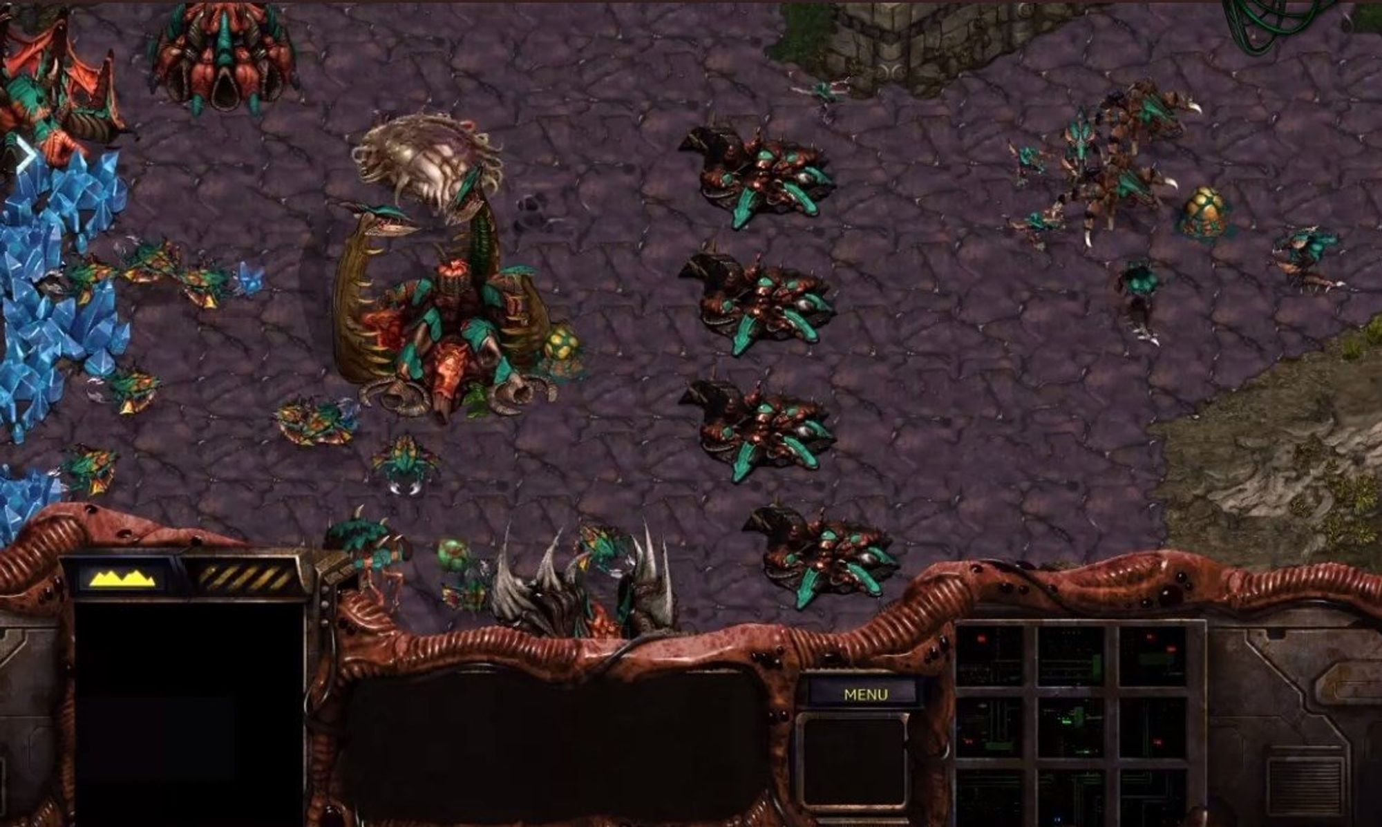 A gameplay screenshot of StarCraft showing off the Zerg, the creature race. There is purple creep all of the ground, with buildings on top that look like organs and are alive. To the right, there are some ground Zerg creatures.