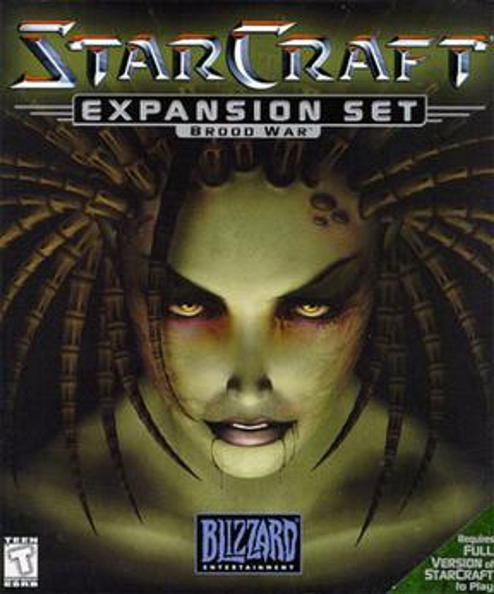 Front Cover Box Art for StarCraft Expansion Set Brood War. A humanoid woman with sickly green skin, yellow eyes, black lips and bones for hair stares menacingly.