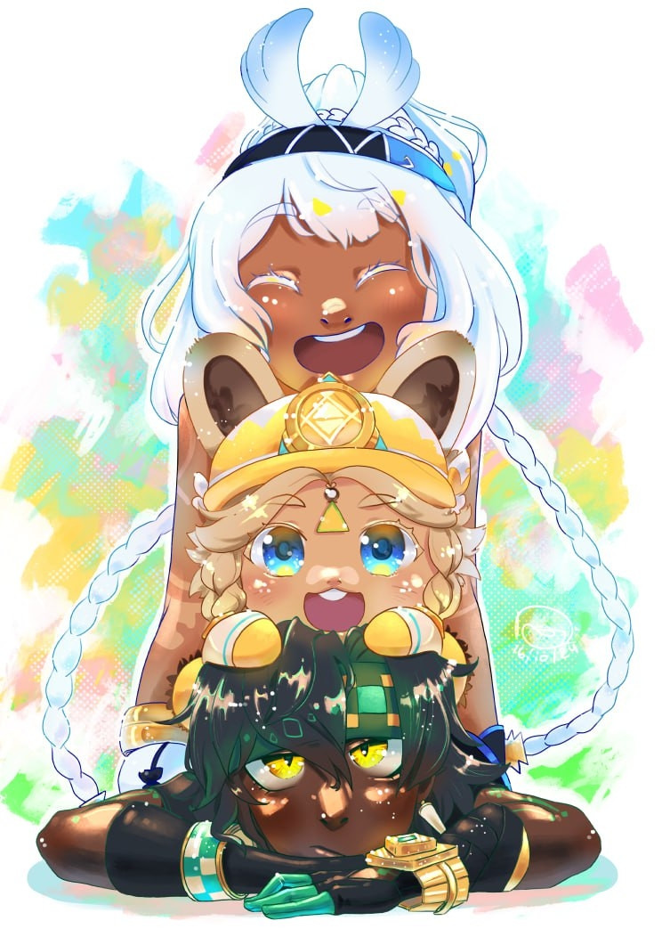 An illustration of the Genshin Impact characters Kinich, Kachina and Mualani, stacked on top of each other in that order. It's a very bright and colourful illustration, conveying the sibling-like relationship between the three.