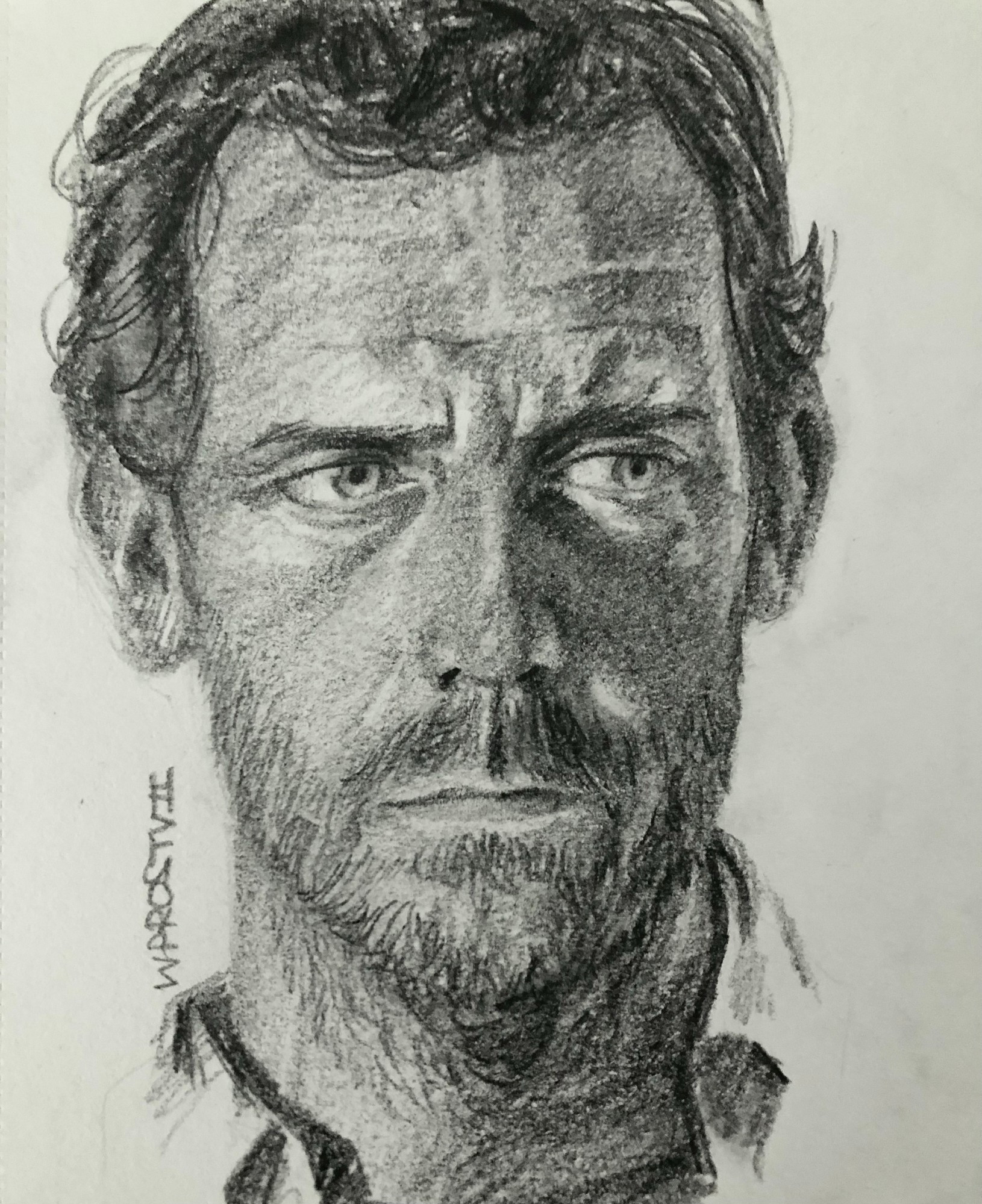 A traditional black and white portrait of a fictional character named Dr House from the series House MD, drawn with a HB and a 4B pencil.
In this drawing, the character is shown to have a slightly distressed facial expression, looking to his left. He has rough hair and a slight stubble/growing beard.