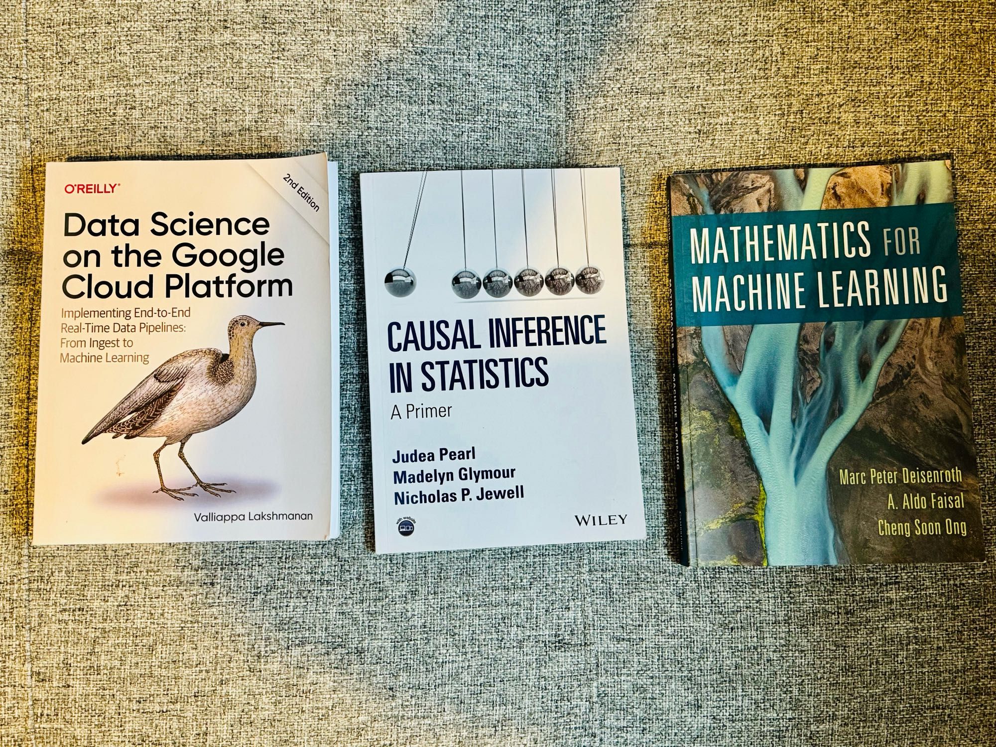 3 textbooks: Data Science on the Google Cloud Platform, Causal Inference in Statistics, Mathematics for Machine Learning