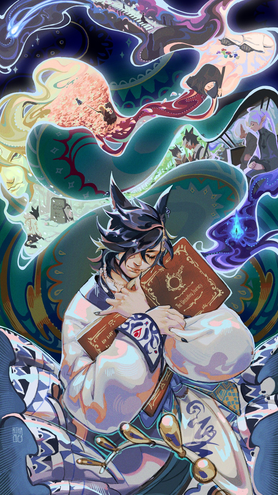 A vertical illustration of my miqo'te, Hao'to Vallen, cradling a book labeled "the Unending Journey." Pivotal moments from all of FFXIV's expansions (minus Dawntrail) billow from the pages like a rising tail of smoke as Haoto closes his eyes and reminisces of all that has happened.