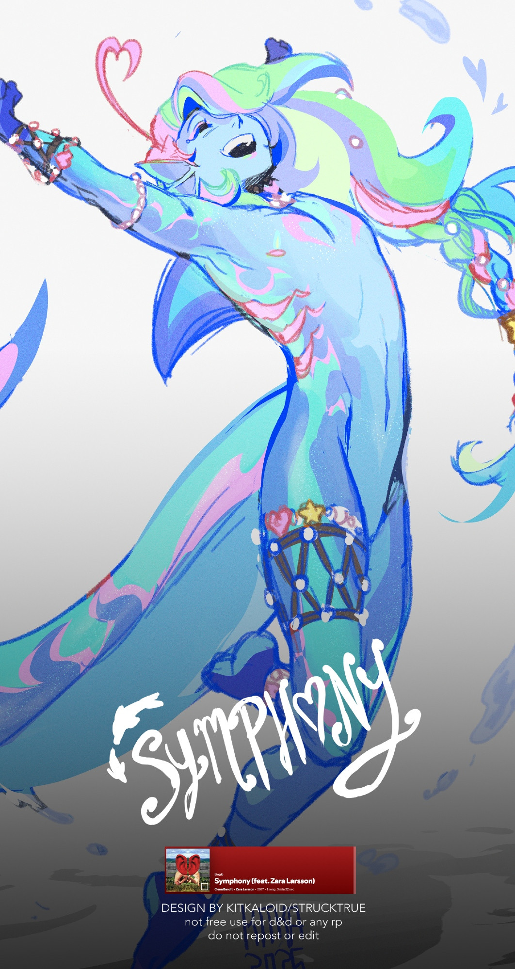 Design based on the song Symphony by Clean Bandit ft. Zara Larsson. A multicolored, Lisa Frank-esque young man jumps happily into the air. He has a dolphin fin and tail, and wears chunky, beaded jewelry.