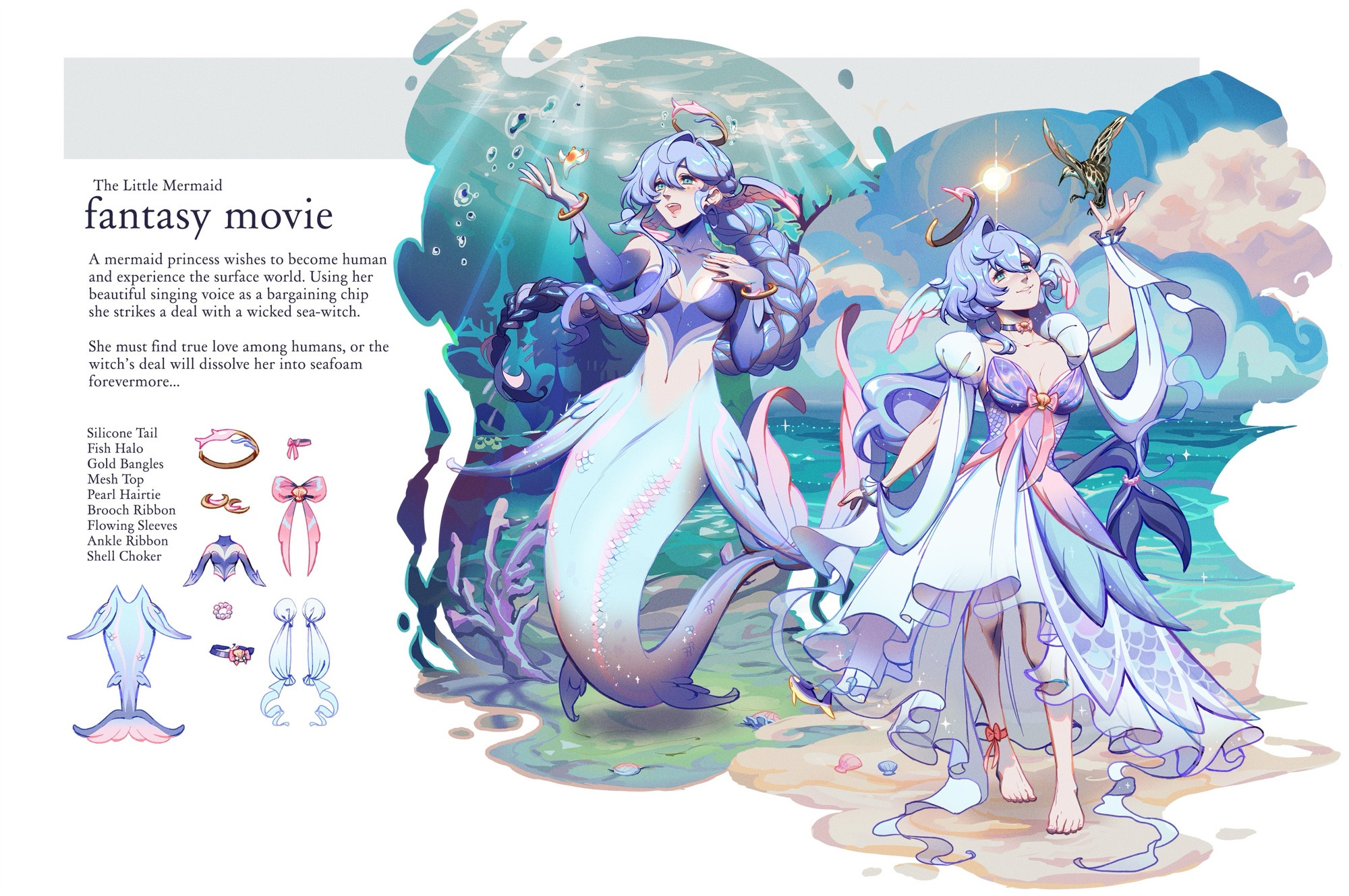 A spread showcasing Robin from Honkai Starrail, reimagined as the Little Mermaid.