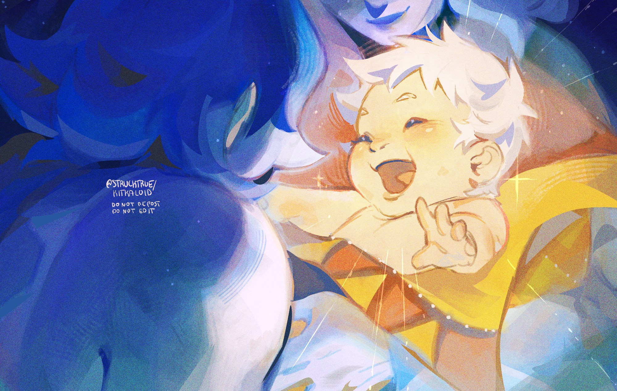 Art depicting Bennett from Genshin Impact as a smiling baby. A reference to the latest event patch. He is glowing like a star.