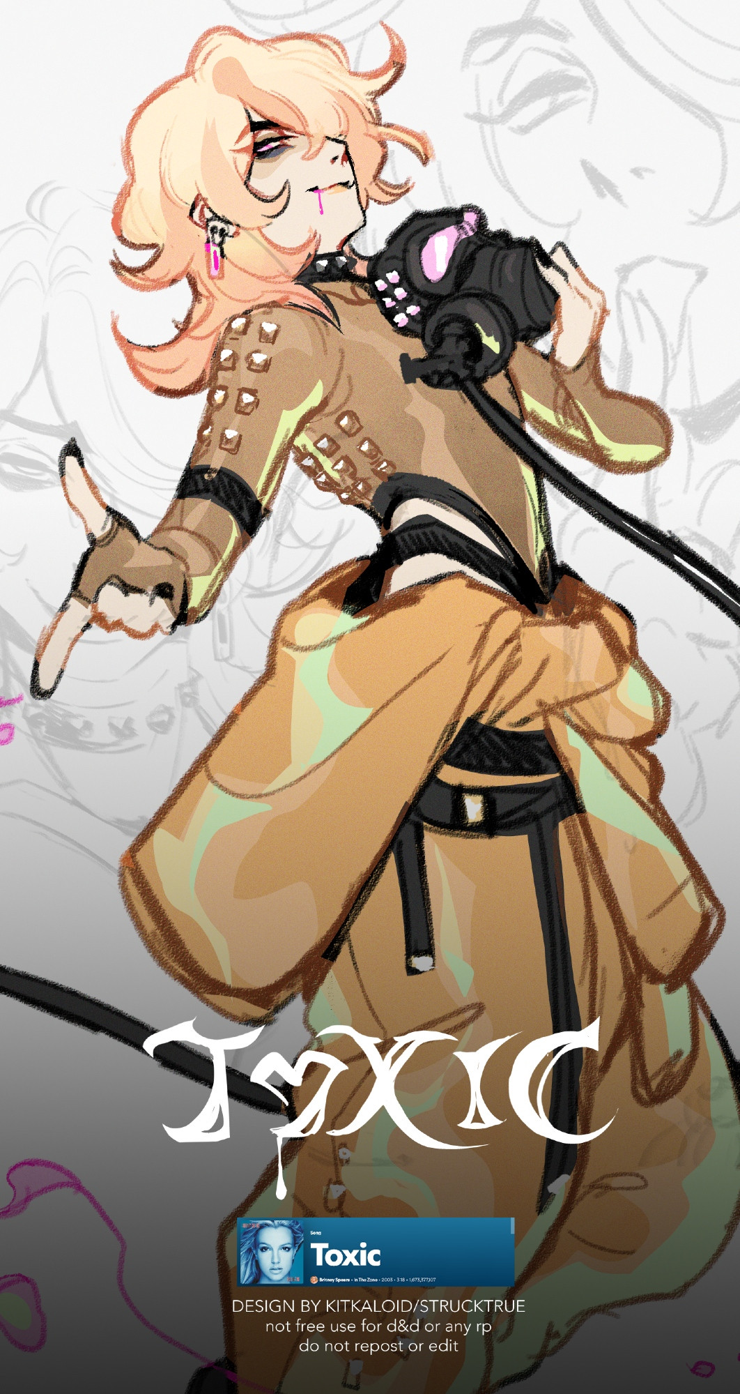 A character design based on the song "Toxic" by Britney Spears. It features a young man wearing a loose, holographic, bedazzled haz mat suit and a sheer bedazzled top. His expression is sly and confident, and a droplet of poison is dripping down his lip. He holds a (also bedazzled) gas mask that is attached to a tube which spouts toxic air, implying he inhales this.