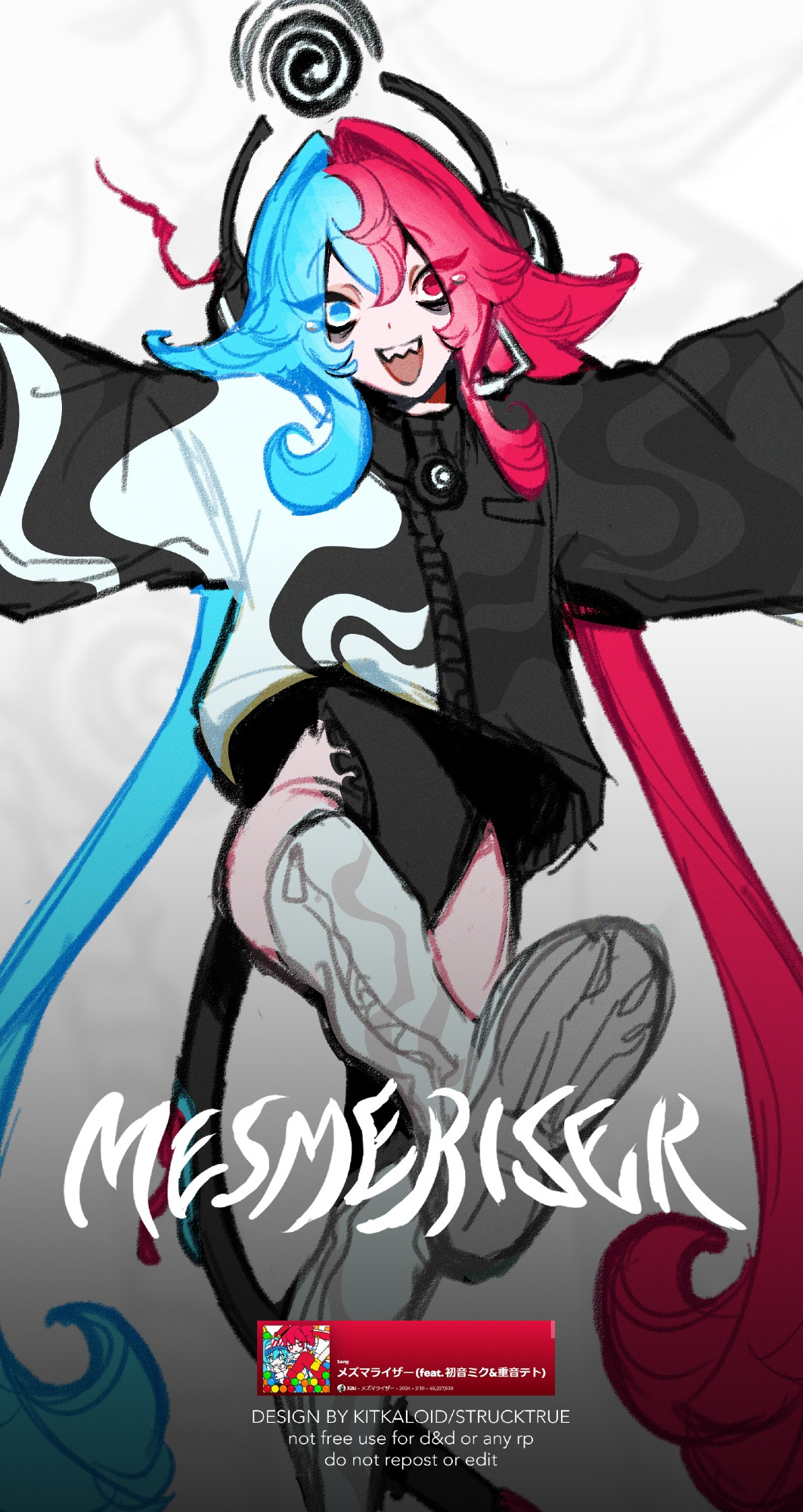 Design based on the song Mesmerizer by 32ki ft. Hatsune Miku and Kasane Teto. It shows a spindly young person kicking into the air, smiling at the viewer with a maniacal expression and no light in their eyes. There are repeating motifs of hypnosis in the design.