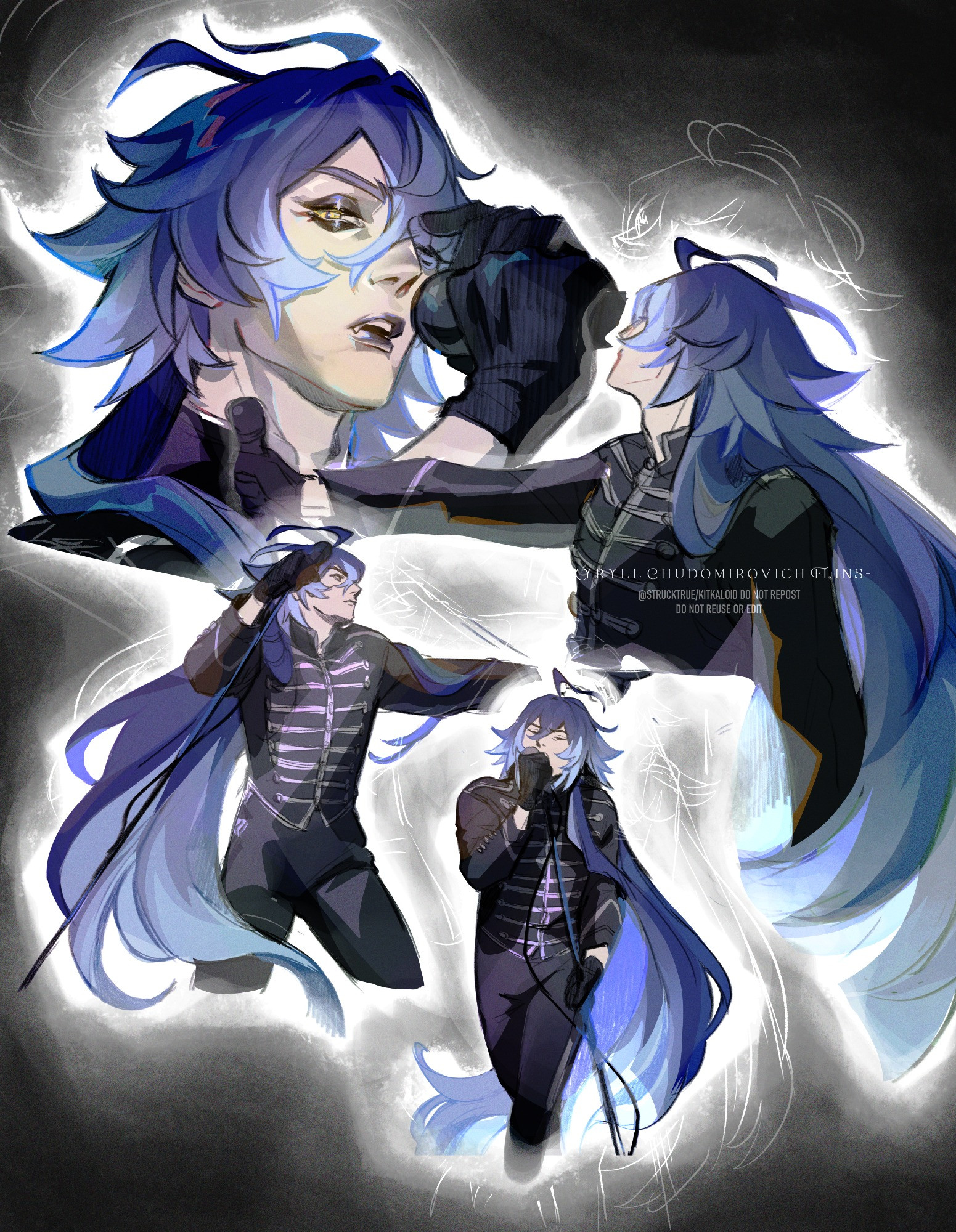 Art depicting the upcoming Genshin Impact character "Flins." The artwork is made up of four character poses, where Flins - a dark character associated with undertakers - is dressed like Gerard way in the music video for MCR's "The Black Parade." Flins is seen posing similarly, passionately singing into the microphone, and throwing an intense, holding look towards the viewer.
