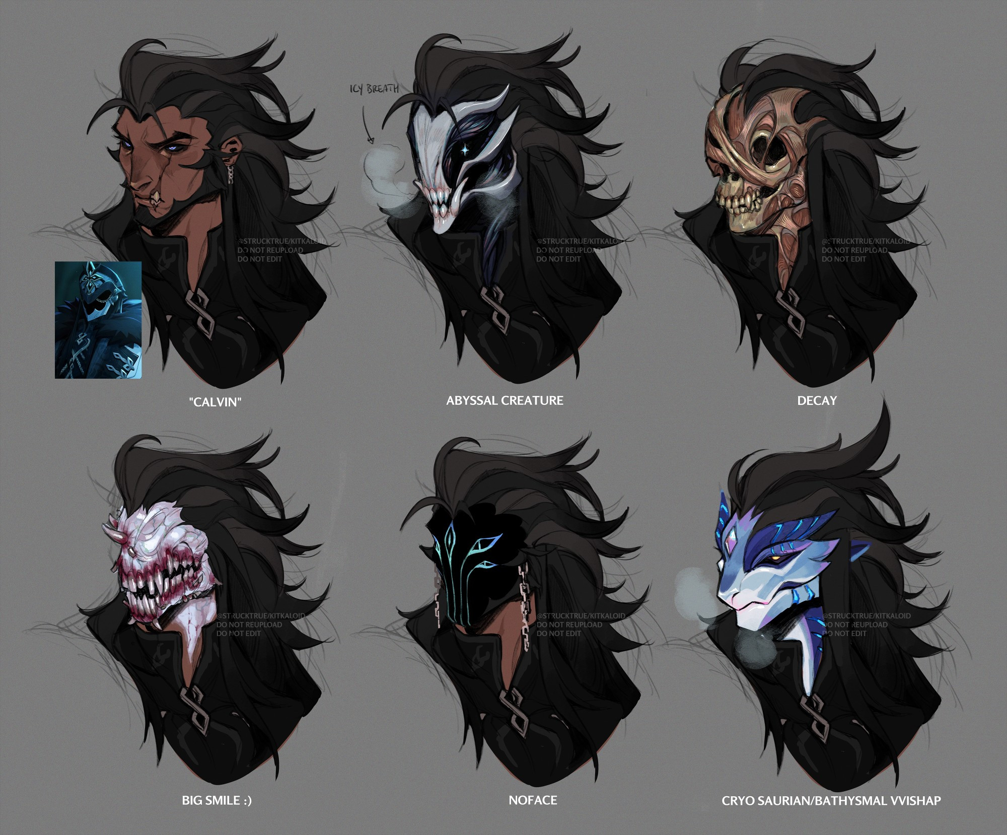 A lineup of six different fan-designed faces for the masked character Capitano from Genshin Impact. First is a human man with a severe expression and cut lip to show exposed teeth. Second is an abyssal monster, his face showing exposed sharp teeth with bony shapes hugging select areas. All space that isn't covered by the psuedo-exoskeleton appears to be dark muscle tissue. The third appears as a decaying human skull, with bands of flesh covering one eye almost like an eyepatch. The fourth is an eyeless mass of pale flesh, most of his face occupied by a large, uncanny, lipless maw; a snug mix of blunt and sharp teeth. The fifth is a face covered in complete darkness. Almost like the absence of a face, save for the five eyes that glow within. The sixth is a cryo saurian / bathysmal vishap. Here he has an angular, draconic face. With dark eyes and glowing, small pupils.