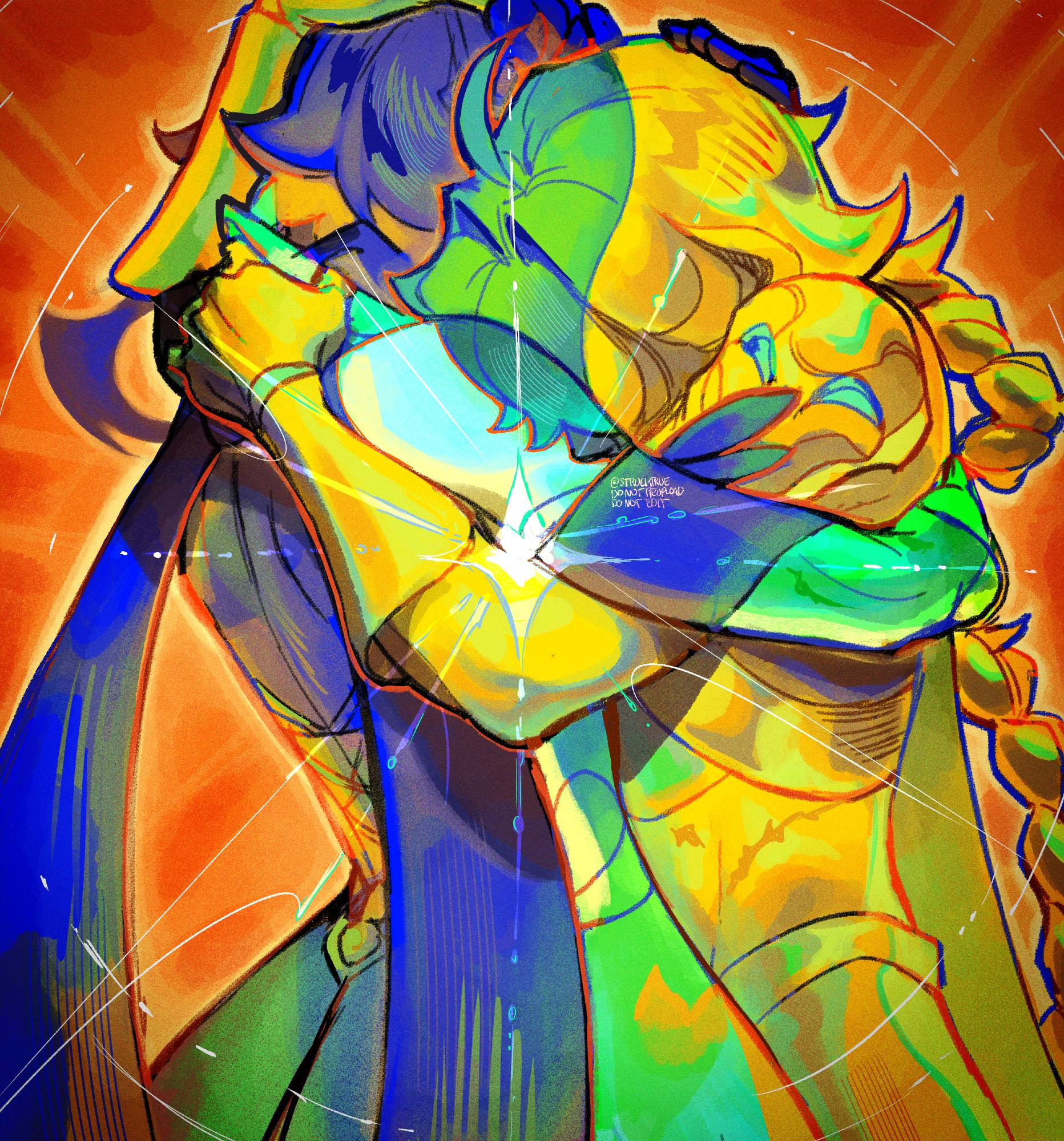A high contrast artwork of the twins Lumine and Aether from Genshin Impact embracing tightly. Their forms blend near the center, making it hard to distinguish where one ends and the other begins. A bright star bursts forth from within their embrace, glowing in its center.
