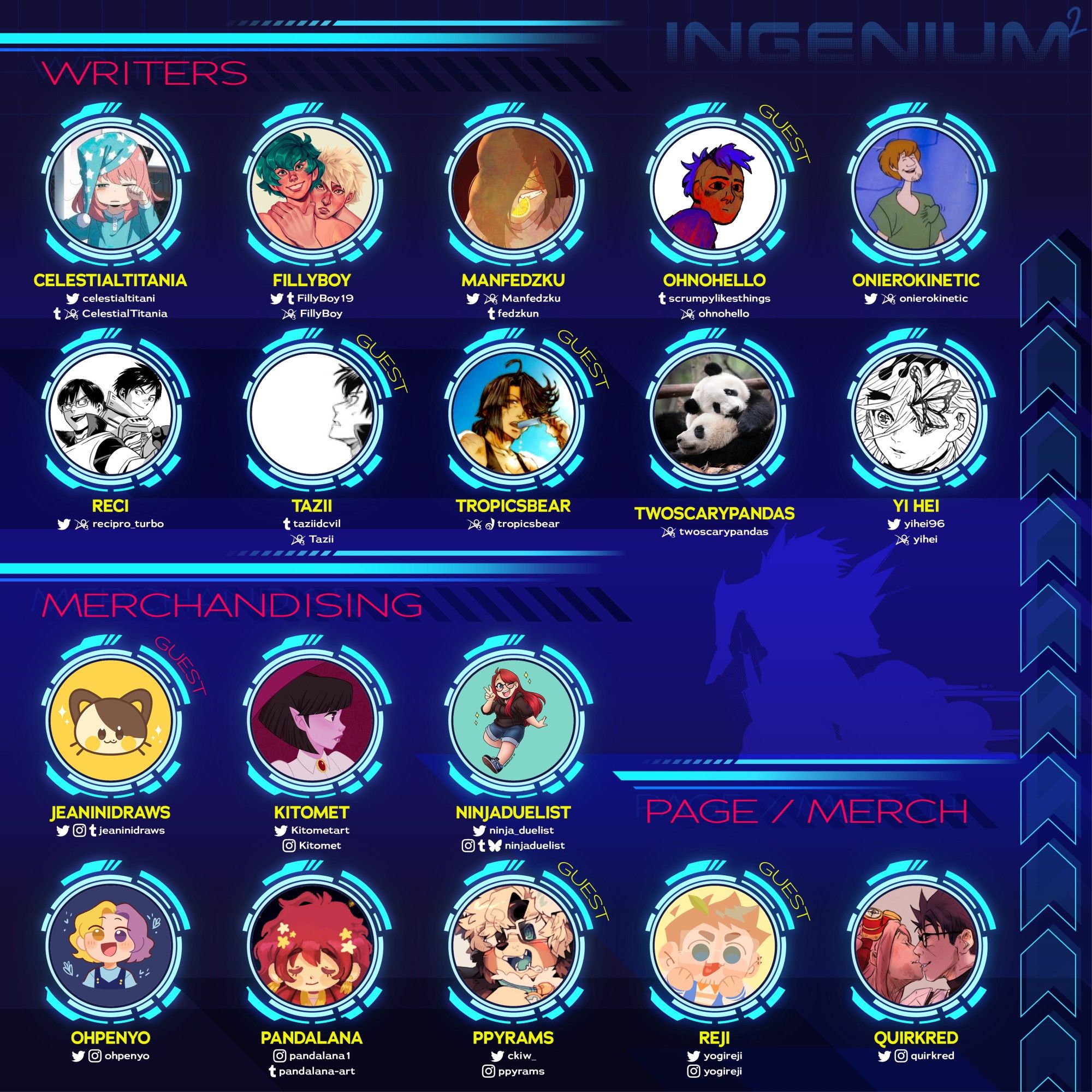 The graphic has a vibrant dark blue background with lighter cyan lines and arrows, giving it a cyberpunk or videogame UI look to it. In the upper-right corner is the INGENIUM2 logo, faded and transparent.

Icons, usernames, and socials of the contributors are aligned in a grid in the body of the graphic. (@s have been omitted from our ALT due to space constraints)

WRITERS:
celestialtitania, FillyBoy, Manfedzku, OhNoHello, onierokinetic, Reci, Tazii, tropicsbear, twoscarypandas, Yi Hei

MERCHANDISING:
Jeaninidraws, Kitomet, Ninjaduelist, Ohpenyo, Pandalana, ppyrams

PAGE / MERCH:
reji, quirkred