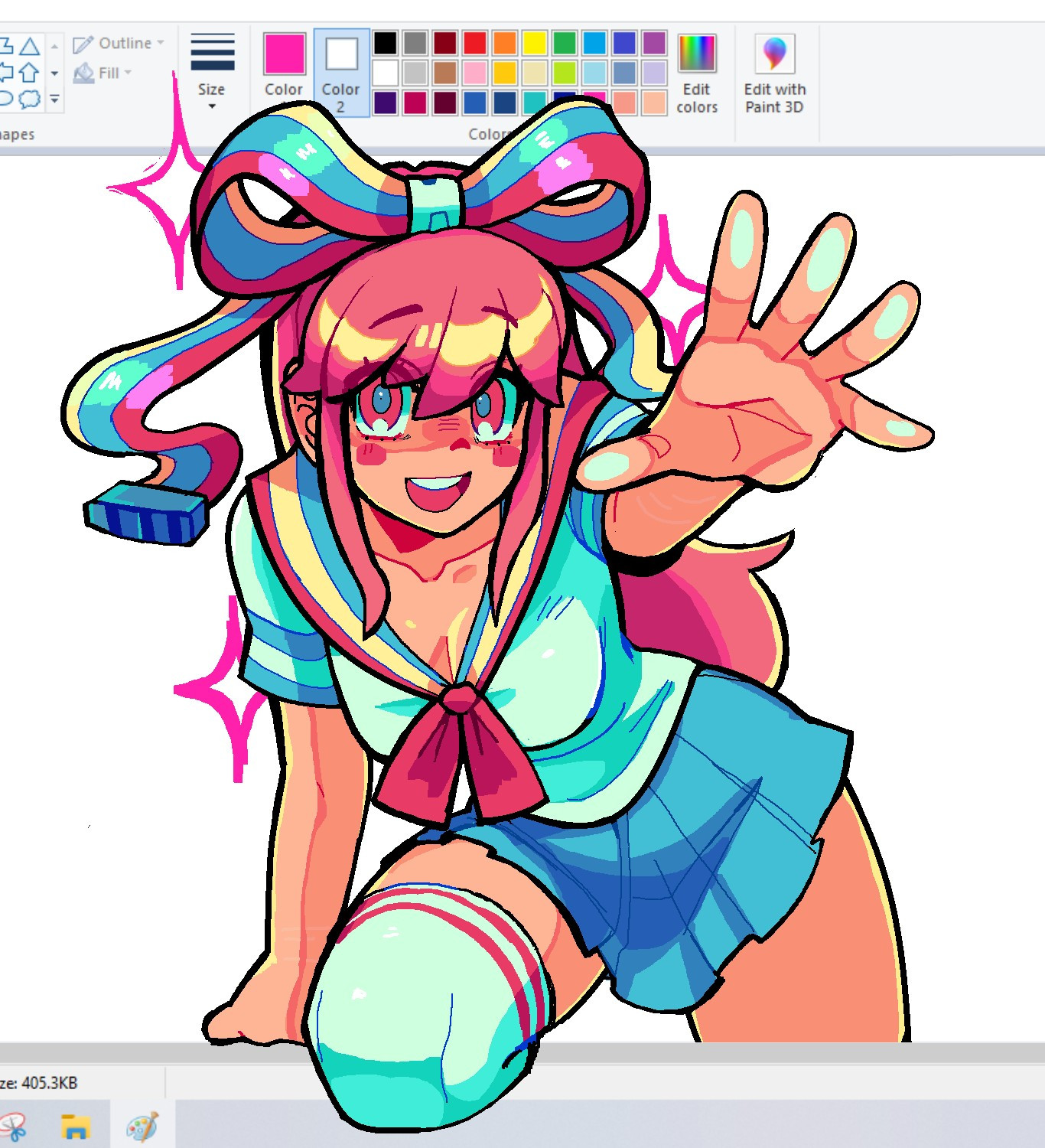 Giffany from gravity falls, drawn in mspaint, reaching beyond the toolbar with a creepy smile on her face.