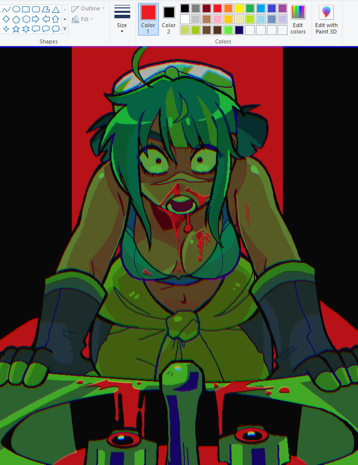 biohazard, an overwatch oc bent over a sink with a bleeding nose. there is blood in the sink and the art is in a green hue. drawn in mspaint.