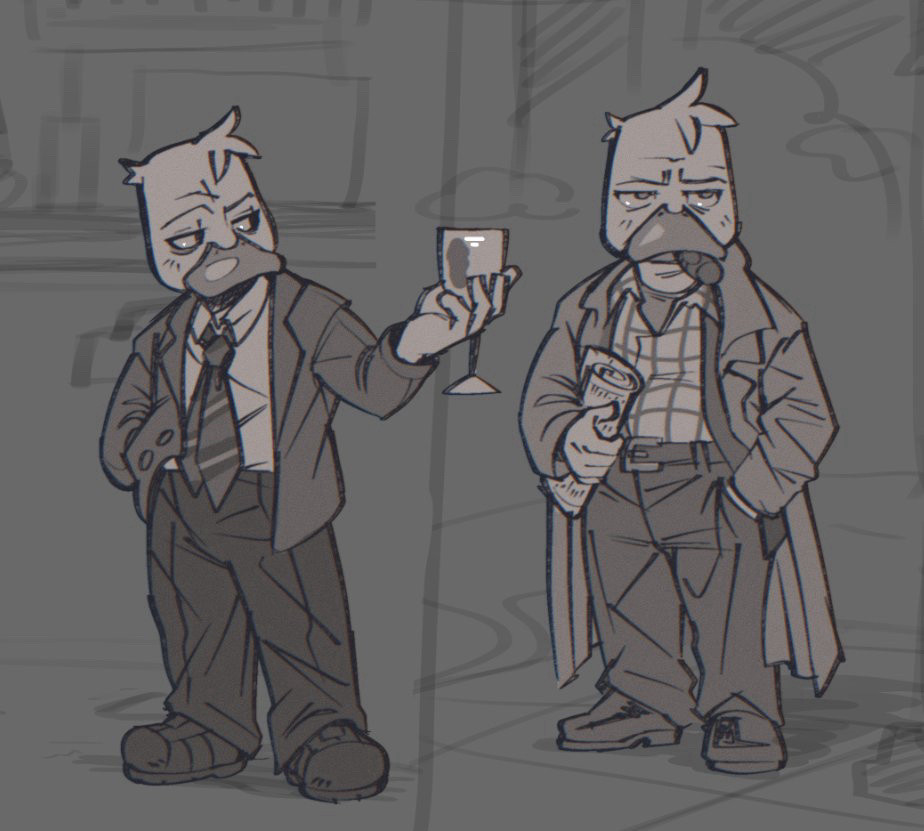 Two monochromic drawings of Howard the duck. 

In the first drawing he is glancing over at his hand holding a glass while his other rests and in his coat pocket. 

In the second image he is dressed in a casual suit with a plaid pin-up shirt and a large trench coat. He has one hand in his pants pocket and the other holding a newspaper along with a rather grumpy expression and a cigar in his mouth.