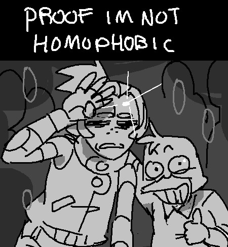 Howard the duck taking a photo with Karri (oc), he is throwing a thumbs up with his hand around her shoulder. Karri is making a face of irritated confusion as she is trying to shield herself from the flash.

Above the two there is a caption stating “PROOF IM NOT HOMOPHOBIC”.