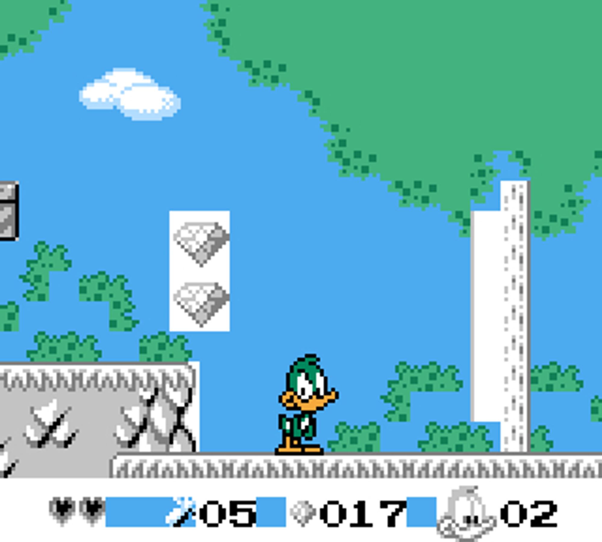 Screenshot of "Tiny Toons Adventure DX", where Plucky's sprite has more than 3 colors in it, thanks to overlaying.