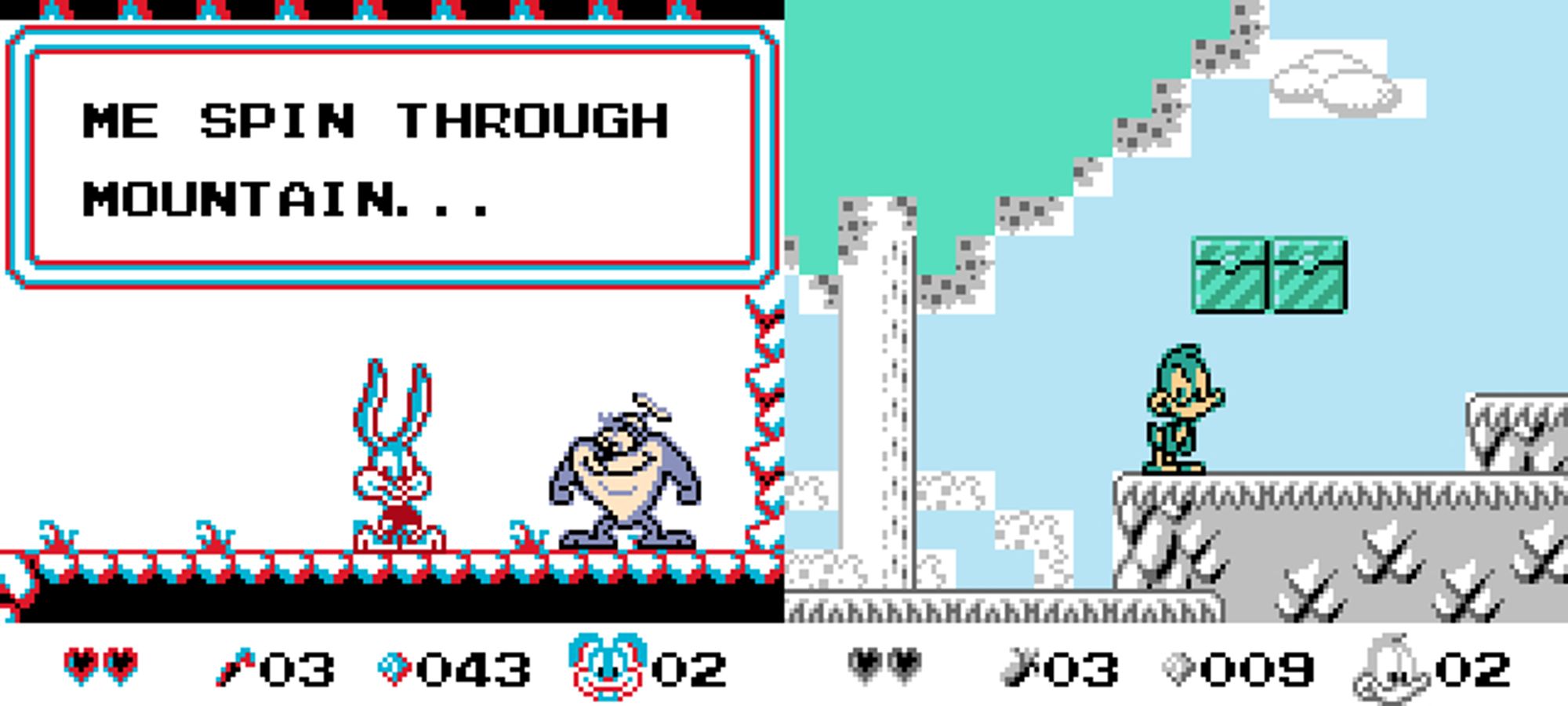 The first two preview images of "Tiny Toons Adventure" for Game Boy colorized